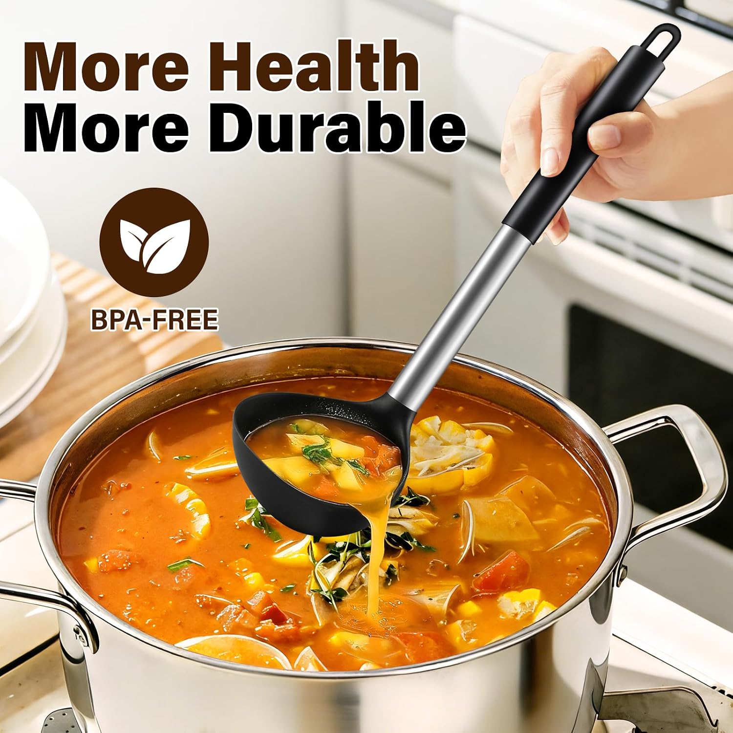 3 Pcs Silicone Cooking Spoon Set  Kitchen Utensils Include Solid & Slotted Spoon  Soup Ladle  Food-Grade Heat Resistant  Non-Scratch Spoons for Serving  Stirring  Draining  Dishwasher Safe  Black