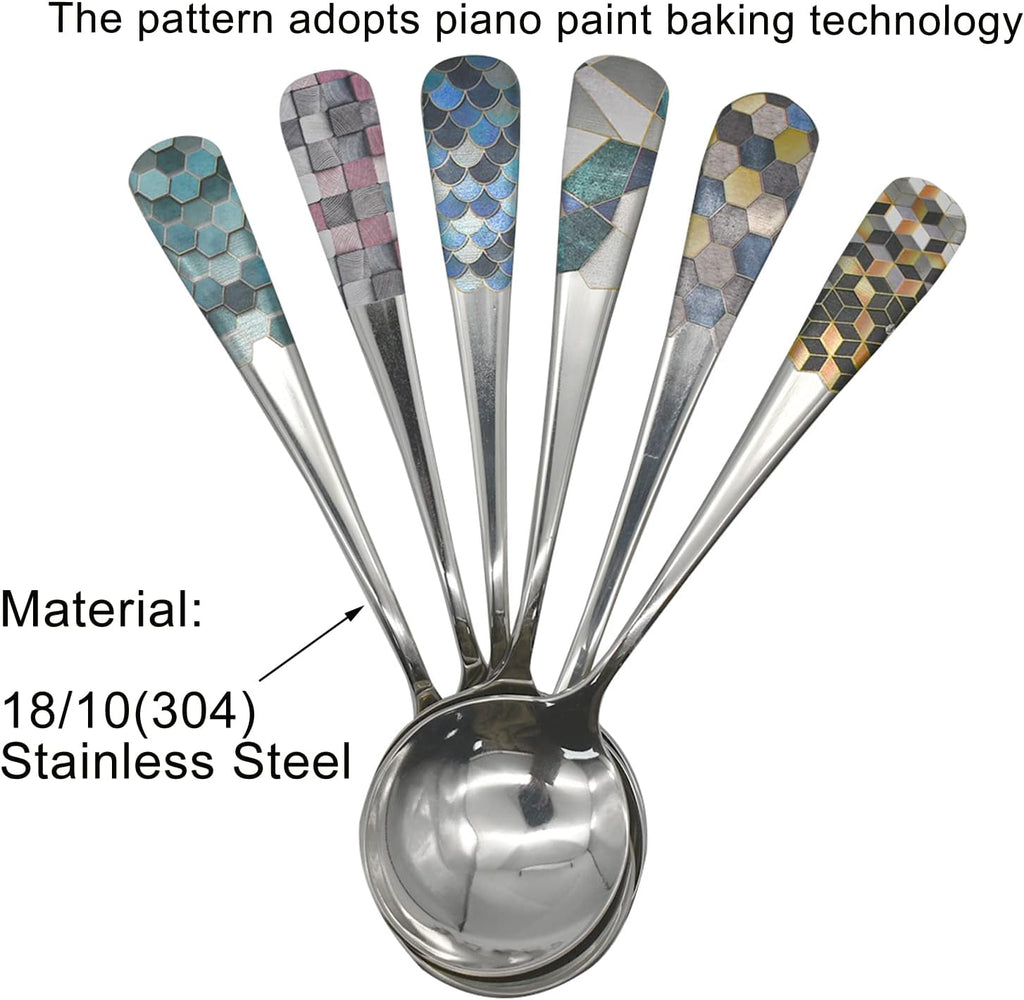 6pcs Round Head Soup Spoons with Fashion Printing Pattern 6.22inch Tablespoon 18/10(304) Stainless Steel Korean Spoons for Rice Dessert Tea Coffee Bouillon