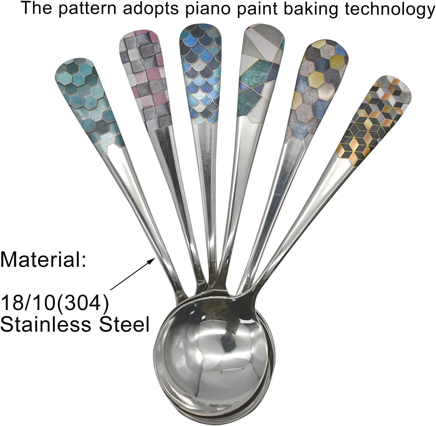 6pcs Round Head Soup Spoons with Fashion Printing Pattern 6.22inch Tablespoon 18/10(304) Stainless Steel Korean Spoons for Rice Dessert Tea Coffee Bouillon