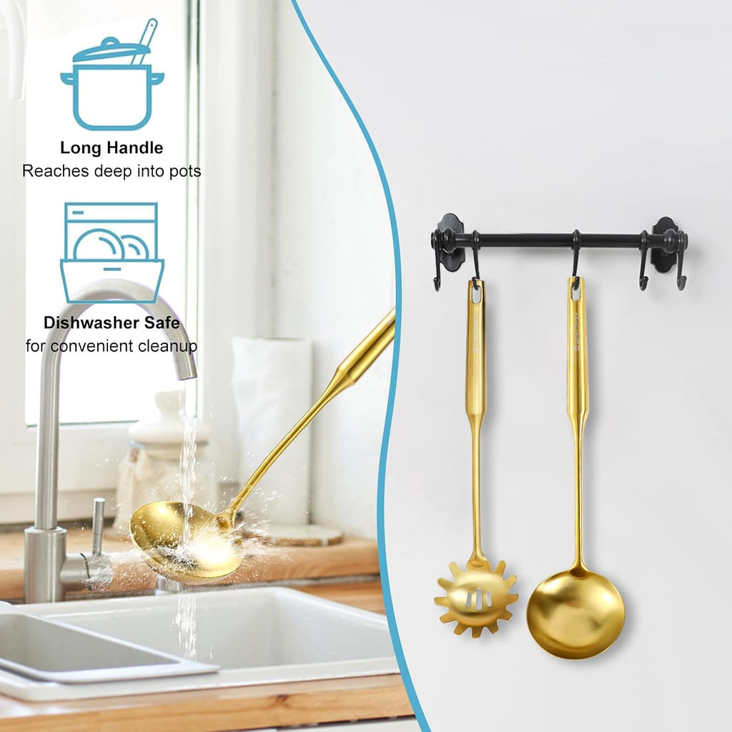 Gold Soup Ladle and Spaghetti Spoon Set - 18/10 Stainless Steel Soup Spoon，Pasta Strainer  13.8" Kitchen Utensils for Cooking，Stirring  Serving Pasta  Soup & Sauce  Christmas Gifts