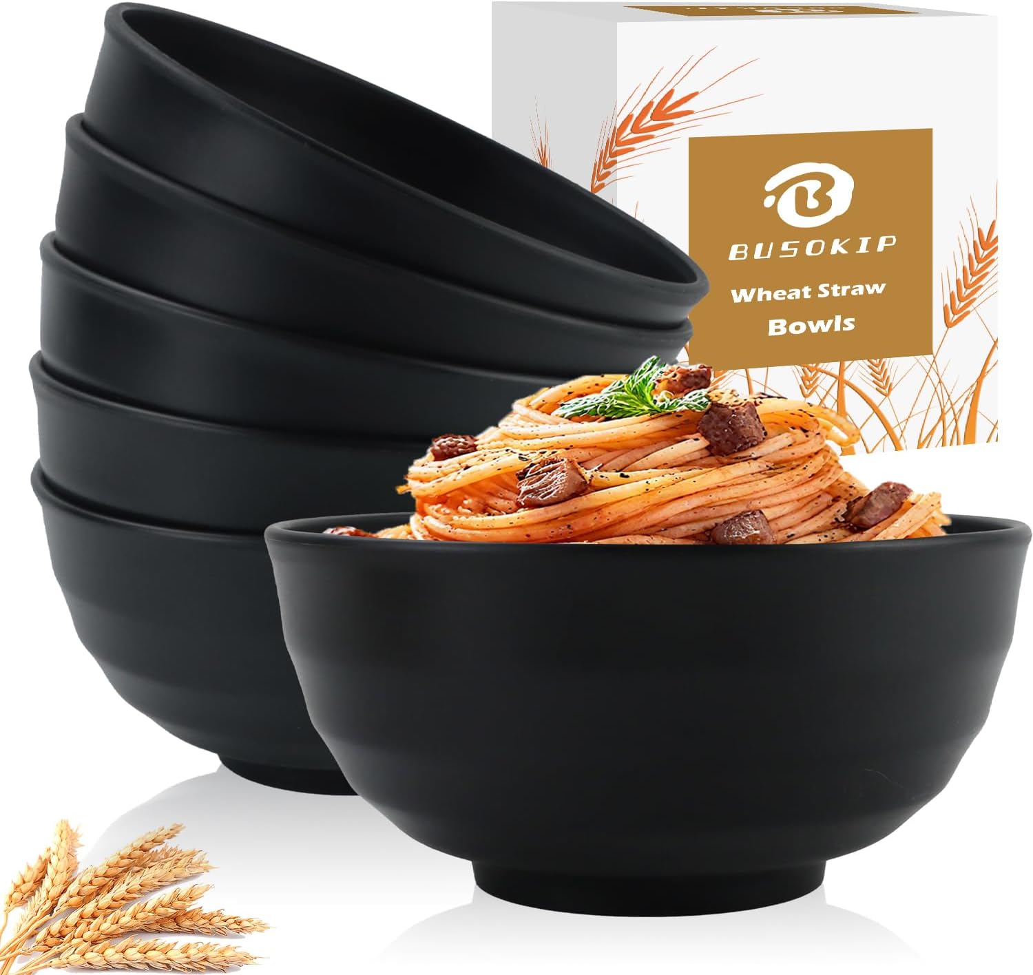 Wheat Straw Bowls Unbreakable Large Salad Bowls 60 OZ Set of 6  Microwave and Dishwasher Safe Large Plastic Bowl  Big Bowl for Eating  Serving Soup  Ramen  Popcorn (Black)