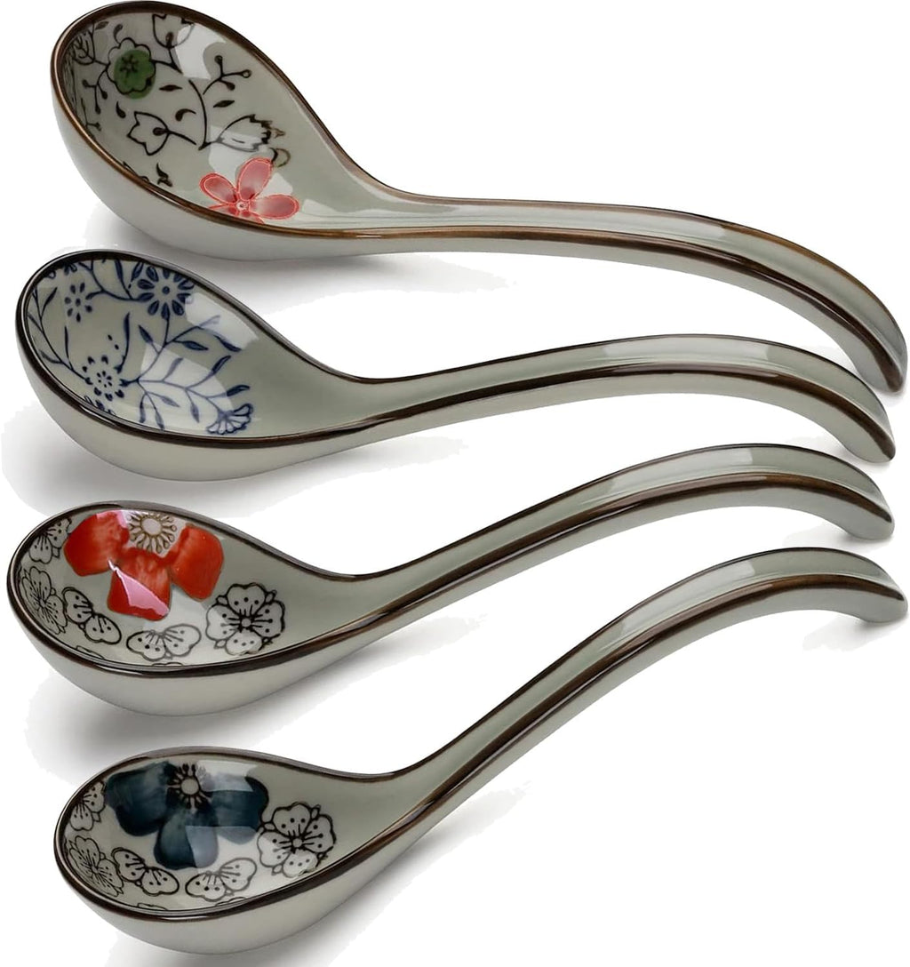 4Pcs Ceramic Soup Spoons  Asian Chinese Spoon Long Handle Spoon Ramen Spoons  Porcelain Japanese Spoons for Ramen  Vietnamese Wonton  Dumpling Rice Noodle Soup Spoons - Set of 4