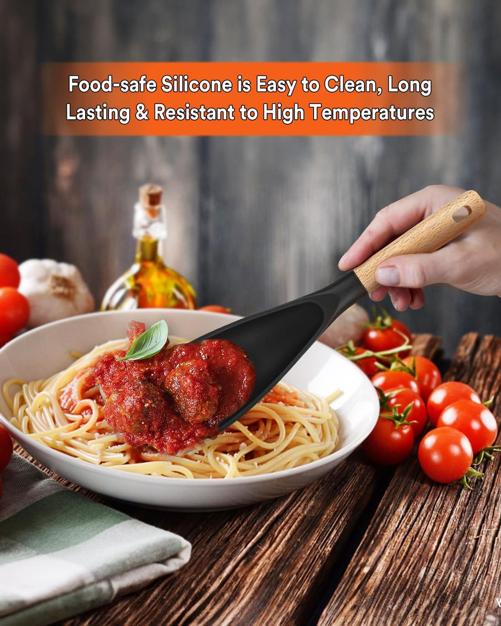 Cooking Spoon for Nonstick Cookwares  Great for Cooking and Serving Sturdy BPA-Free Matte Silicone  Wood Handle Spoon for Mixing  Scoop  and Scrape (Black & Grey  11.4 inch)