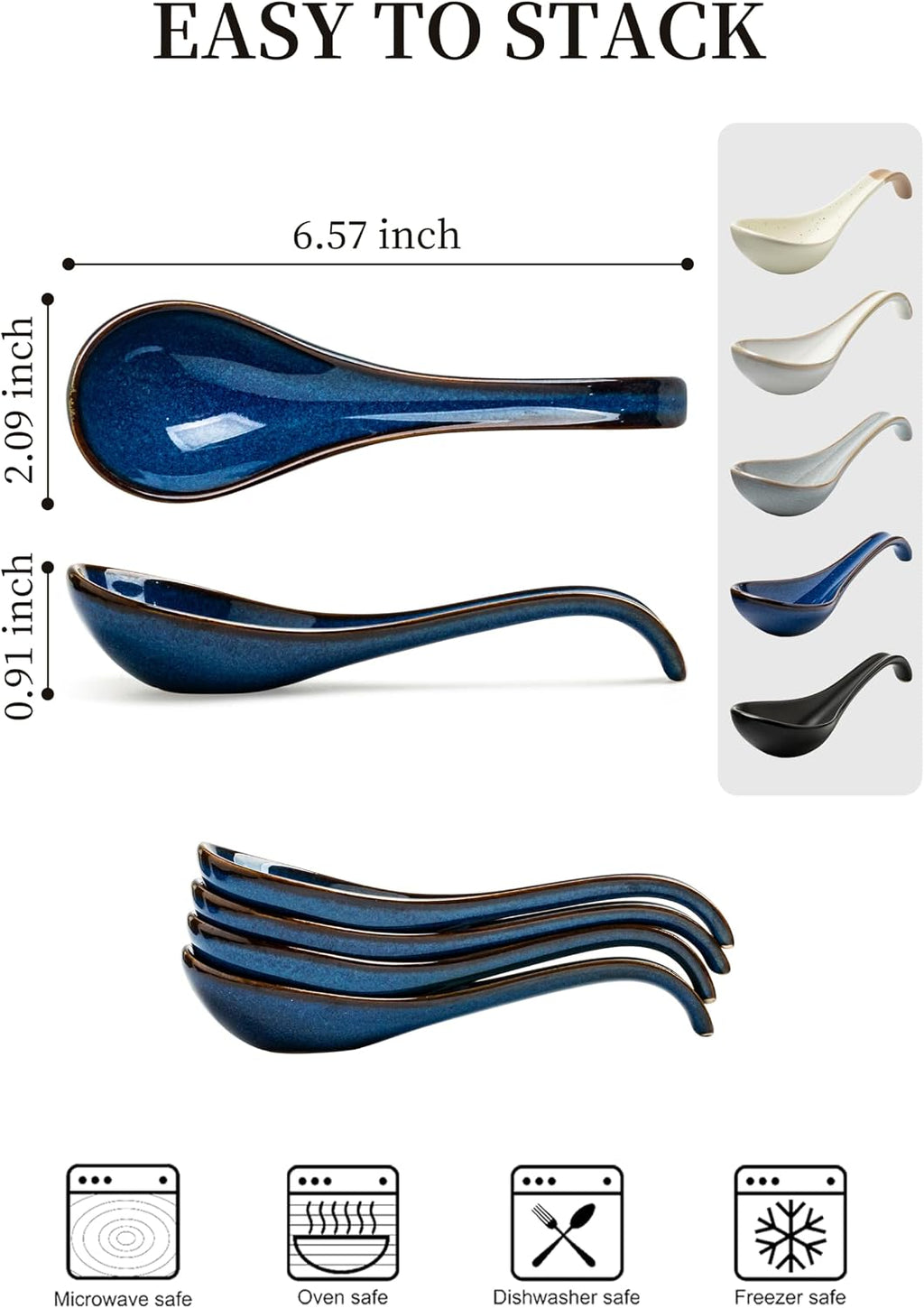 LYEOBOH Soup Spoons set of 6  Chinese Deep Soup Spoon - 6.5 inch Ceramic Korean Tablespoons for Ramen  Rice  Noodle  Asian Spoons with Deep Hook Design  Vintage Blue