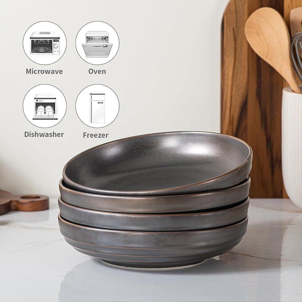 HAPPY KIT Stoneware Pasta Bowls 9''  Set of 4  42 Oz  Reactive Glaze Large Salad Bowls  Ceramic Serving Bowls for Fruit Soup Noodle  Dinner  Scratch Resistant  Bronze Gray