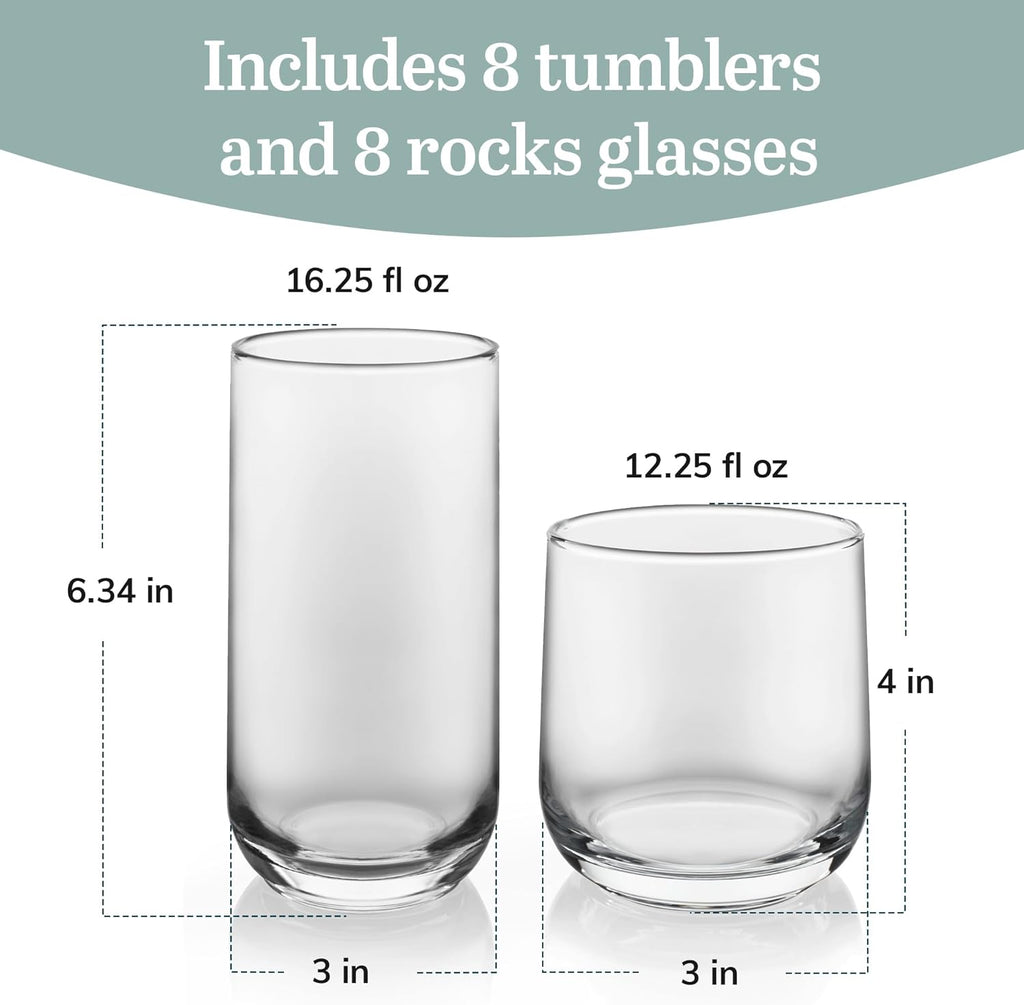 Libbey Ascent Tumbler and Rocks Drinking Glasses Set of 16  Glass Drinking Glasses with Curvature  Versatile Glassware Set for Parties and More