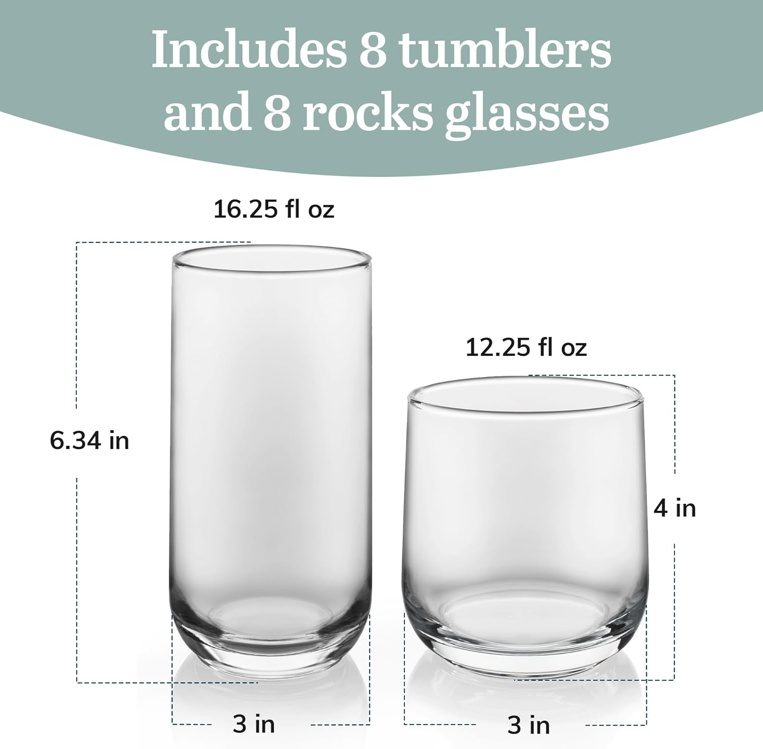 Libbey Ascent Tumbler and Rocks Drinking Glasses Set of 16  Glass Drinking Glasses with Curvature  Versatile Glassware Set for Parties and More