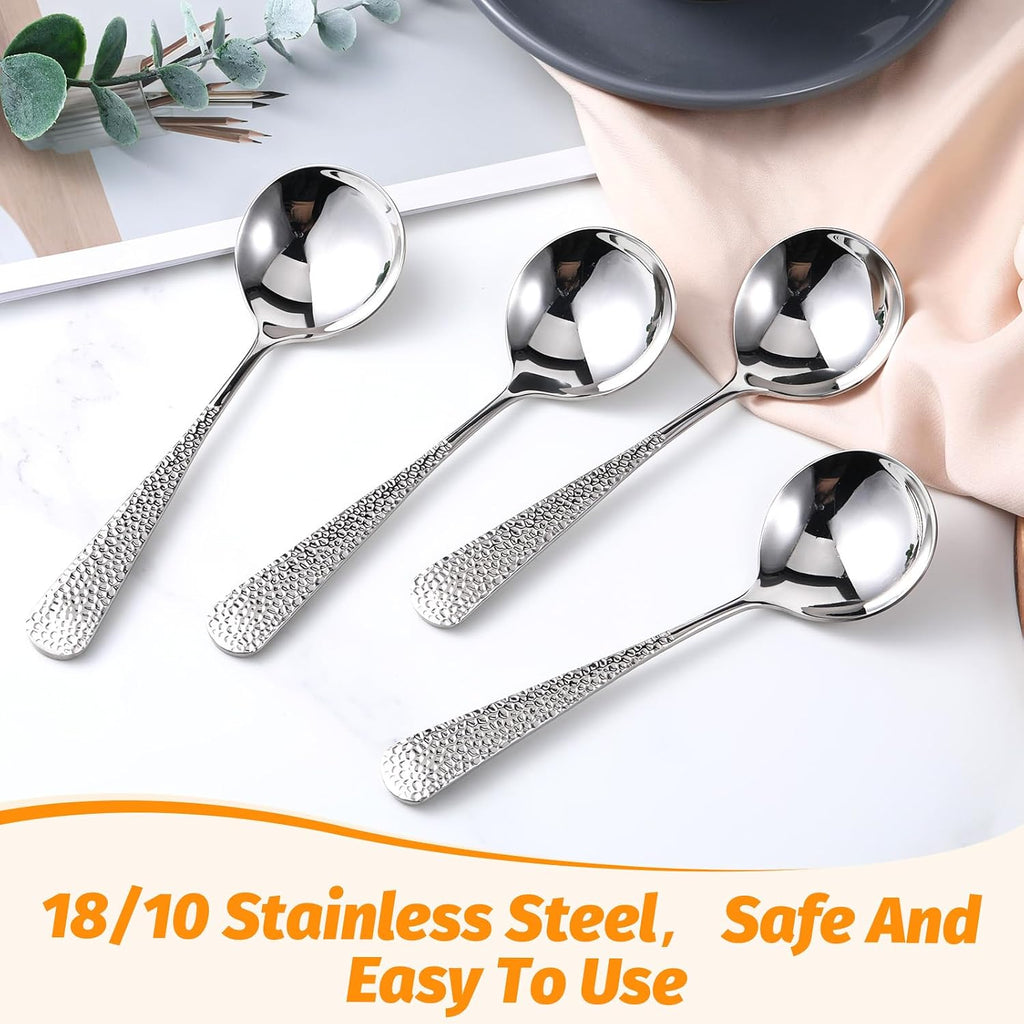 Hammered Spoons  4 Pcs Stainless Steel Soup Spoons Set Teaspoons Fine Dessert Spoon with Round Edge Table Dinner Spoon  Mirror Polished  Elegant Design  Dishwasher Safe (6.4 Inches)