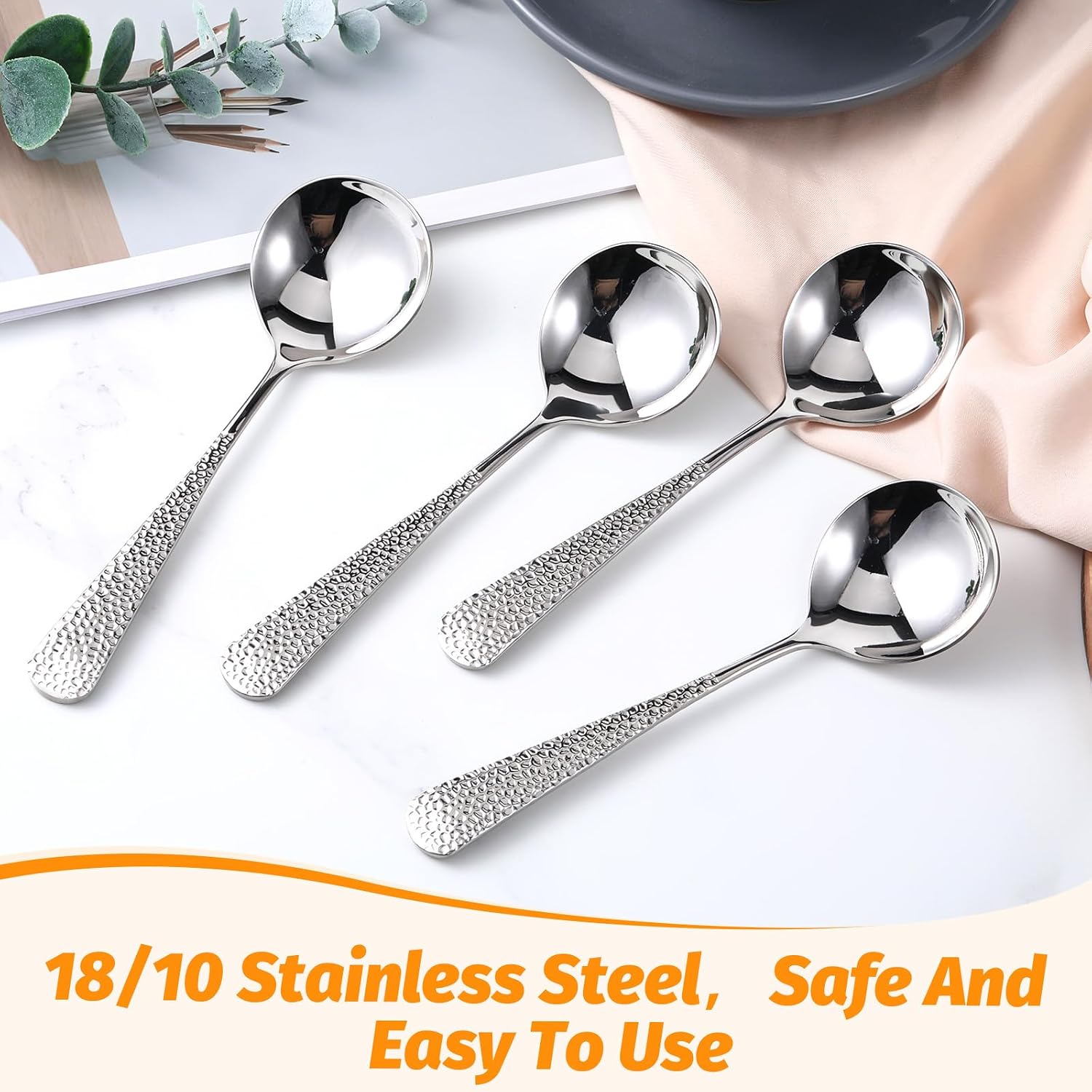 Hammered Spoons  4 Pcs Stainless Steel Soup Spoons Set Teaspoons Fine Dessert Spoon with Round Edge Table Dinner Spoon  Mirror Polished  Elegant Design  Dishwasher Safe (6.4 Inches)