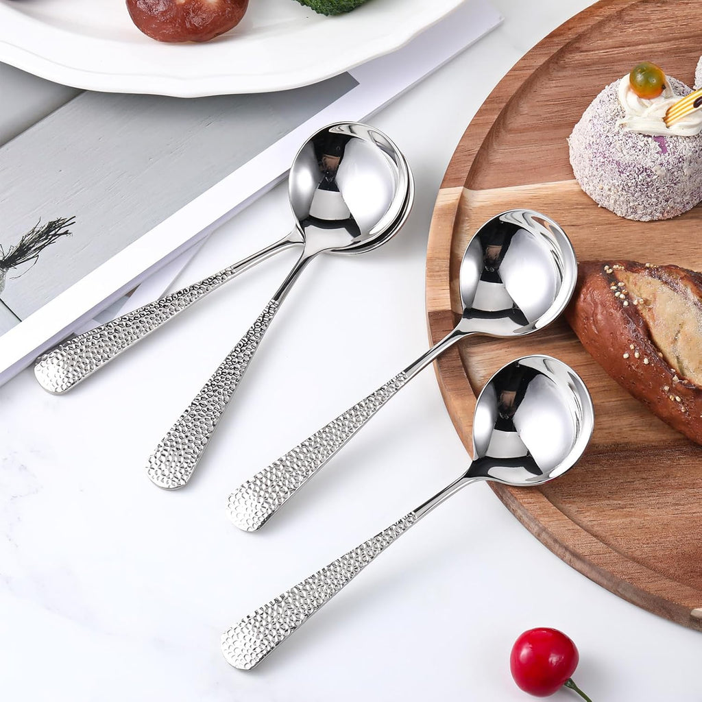 Hammered Spoons  4 Pcs Stainless Steel Soup Spoons Set Teaspoons Fine Dessert Spoon with Round Edge Table Dinner Spoon  Mirror Polished  Elegant Design  Dishwasher Safe (6.4 Inches)