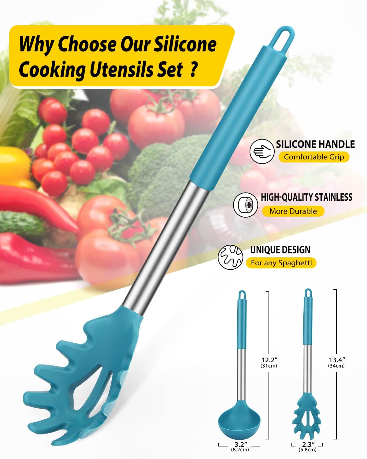 Silicone Pasta Fork and Ladle Spoon Set  Large Non Stick Kitchen Utensils for Cooking Stirring Serving Spaghetti  Soup  Sauce (BLUE)