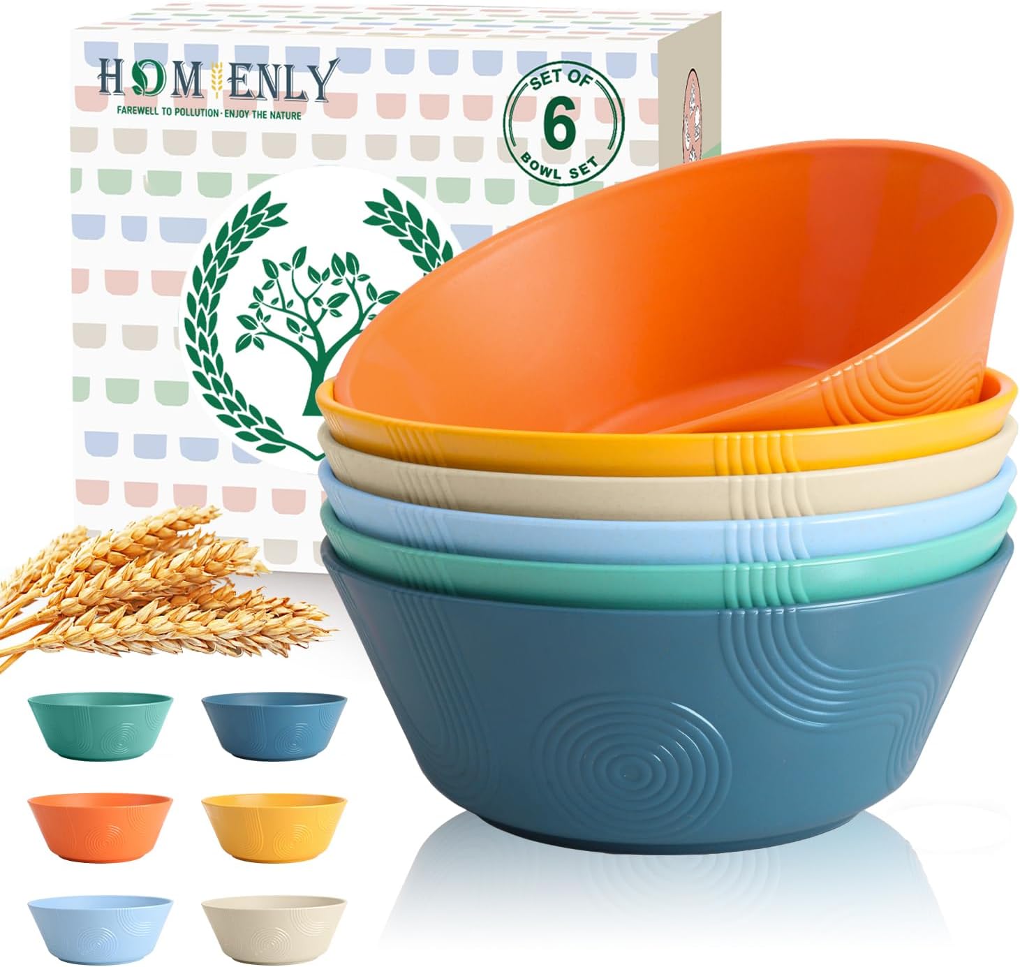 Homienly Unbreakable Cereal Bowls  Wheat Straw Bowl with Textured  36oz Microwave Safe Plastic Bowls for Kitchen  Party  Large Soup Bowls for Popcorn  Ramen  Salad  Dishwasher Safe (Multi 6 PCS)