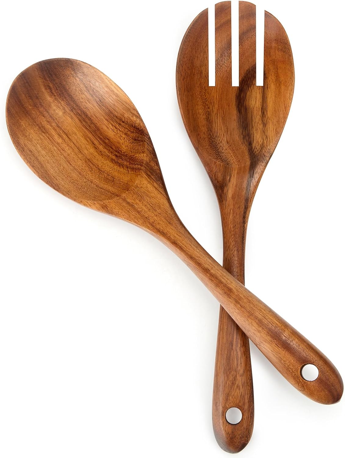 Teak Wooden Salad Spoon and Fork10.2-Inch  Wooden Salad Spoons and Sporks Set with Ergonomic Handle  Teak Wood Serving Spoons for Cooking (1 Spoon + 1 Fork)