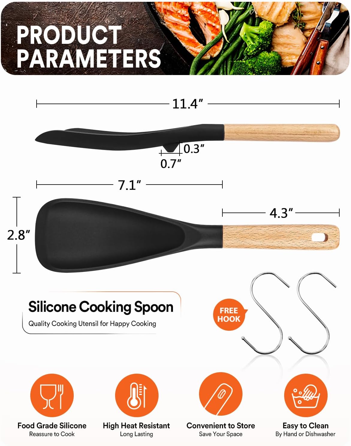 Cooking Spoon for Nonstick Cookwares  Great for Cooking and Serving Sturdy BPA-Free Matte Silicone  Wood Handle Spoon for Mixing  Scoop  and Scrape (Black & Grey  11.4 inch)