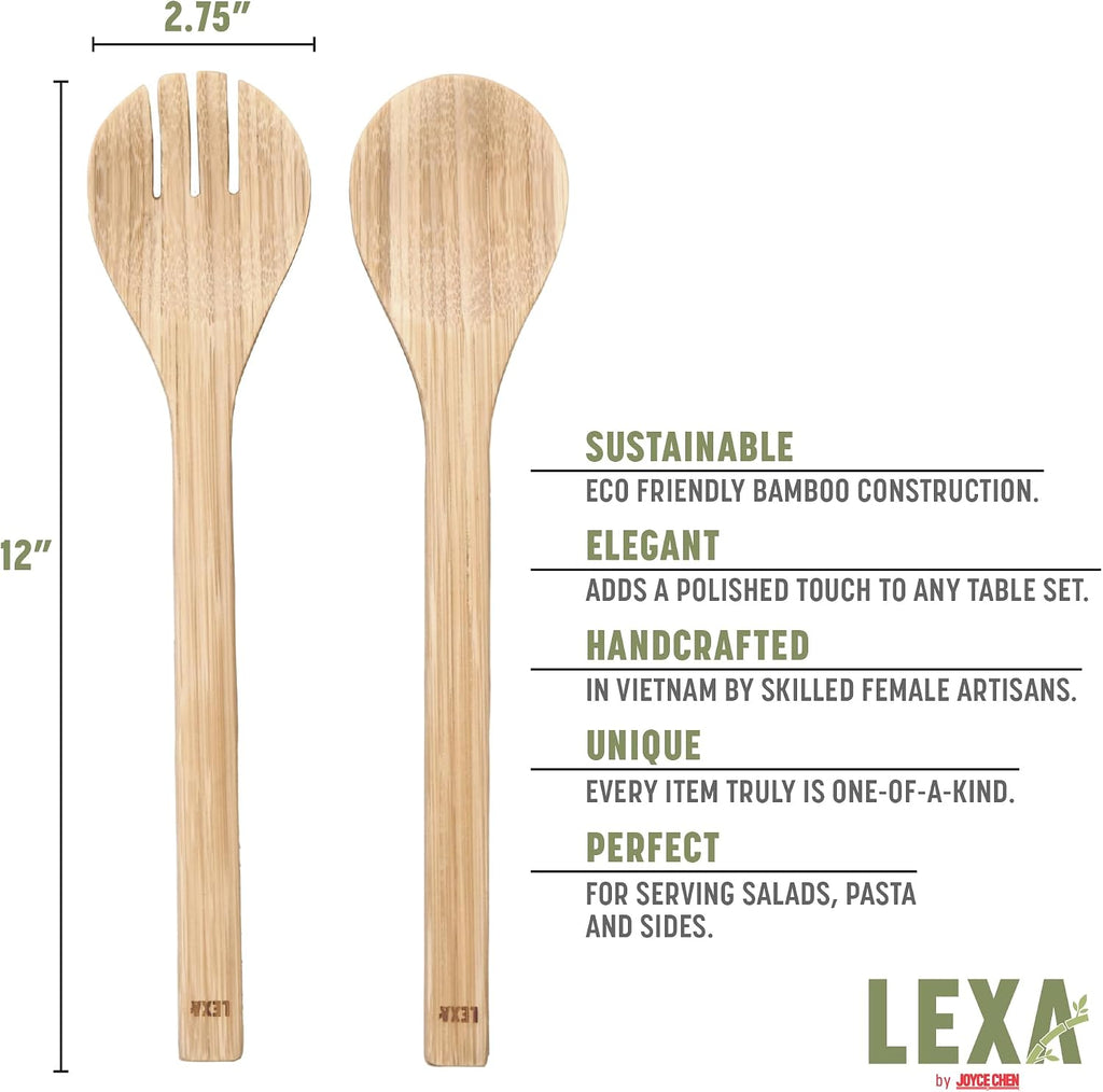 LEXA Bamboo Salad Utensil Set  12 Inch – Handmade Eco-Friendly Serving Spoon & Fork  Natural Bamboo  Durable & Unique  Perfect for Salads  Fruits & Entertaining