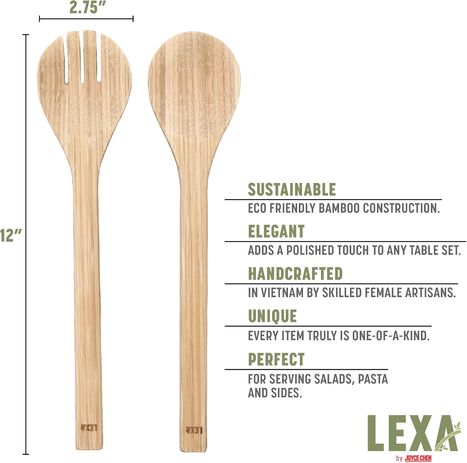 LEXA Bamboo Salad Utensil Set  12 Inch – Handmade Eco-Friendly Serving Spoon & Fork  Natural Bamboo  Durable & Unique  Perfect for Salads  Fruits & Entertaining