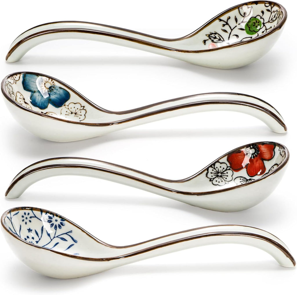 8 Pcs Asian Ceramic Soup Spoons  Japanese Ramen Spoon with Long Curved Handle  Chinese Soup Spoon  Porcelain Tablespoon  Kitchen Serving Spoon for Miso  Noodles  Cereal  Wonton  Dumpling Rice