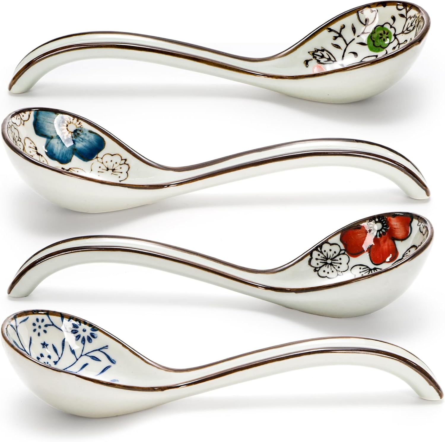 8 Pcs Asian Ceramic Soup Spoons  Japanese Ramen Spoon with Long Curved Handle  Chinese Soup Spoon  Porcelain Tablespoon  Kitchen Serving Spoon for Miso  Noodles  Cereal  Wonton  Dumpling Rice