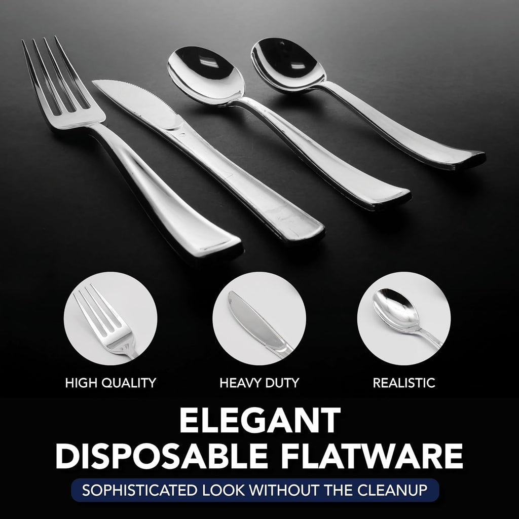 Party Essentials Disposable Plastic Cutlery/Heavy-Duty Flatware/Silverware for All Events  50-Count  Shiny Silver Soup Spoons