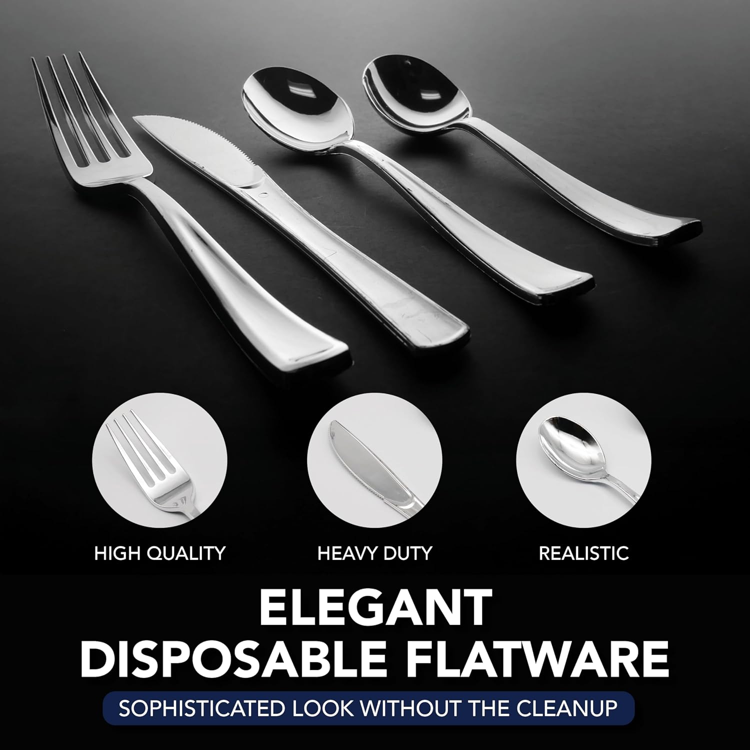 Party Essentials Disposable Plastic Cutlery/Heavy-Duty Flatware/Silverware for All Events  50-Count  Shiny Silver Soup Spoons