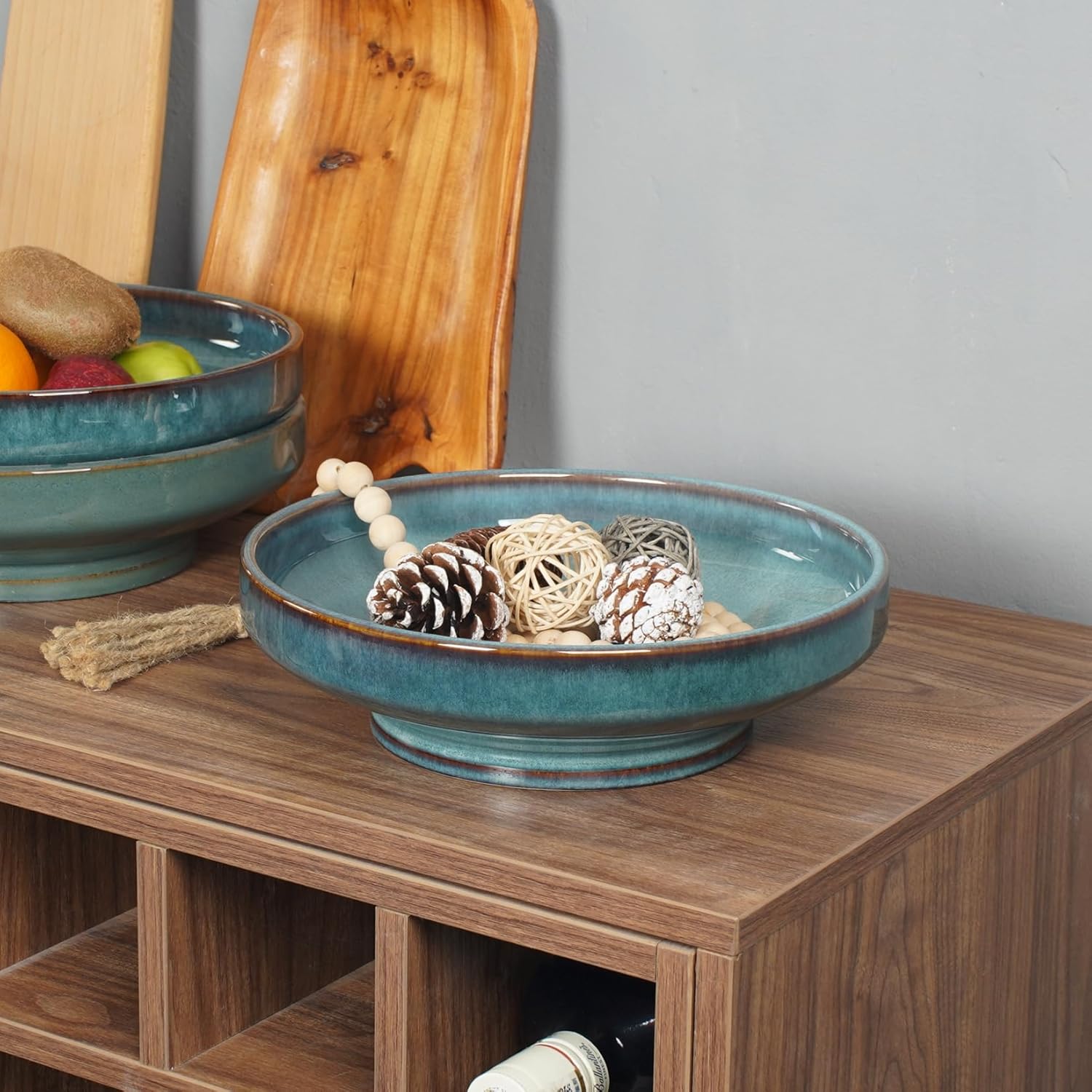 Ceramic Fruit Bowl for Kitchen Counter Decorative Pedestal Bowl for Table Countertop Large Footed Serving Bowl 10.2 Inch (Blue)