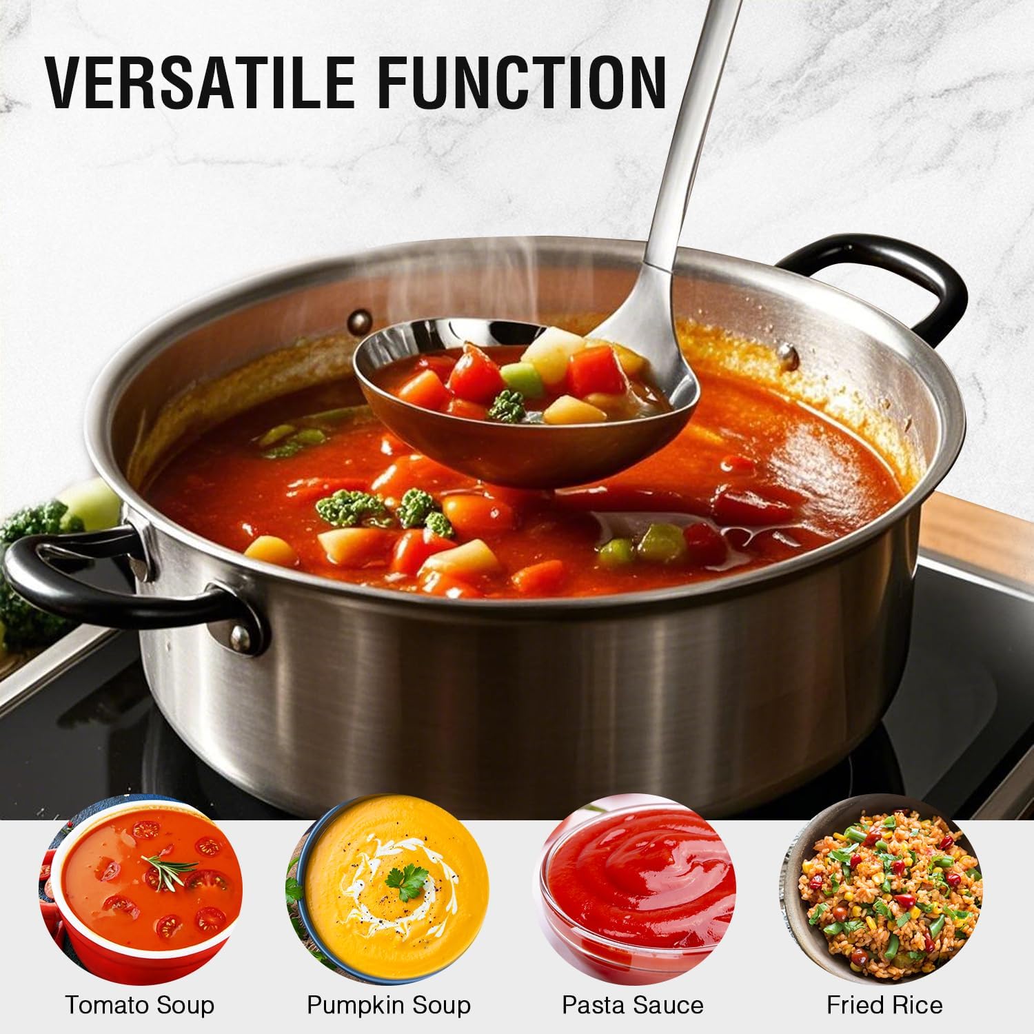 Cooking Spoon 12.2 Inches Kitchen Stainless Steel Round Ladle  Heavy-Duty  Heat Resistance  Rust-Resistant Kitchen Ergonomic Handle for Chefs Serving Soups  Stews