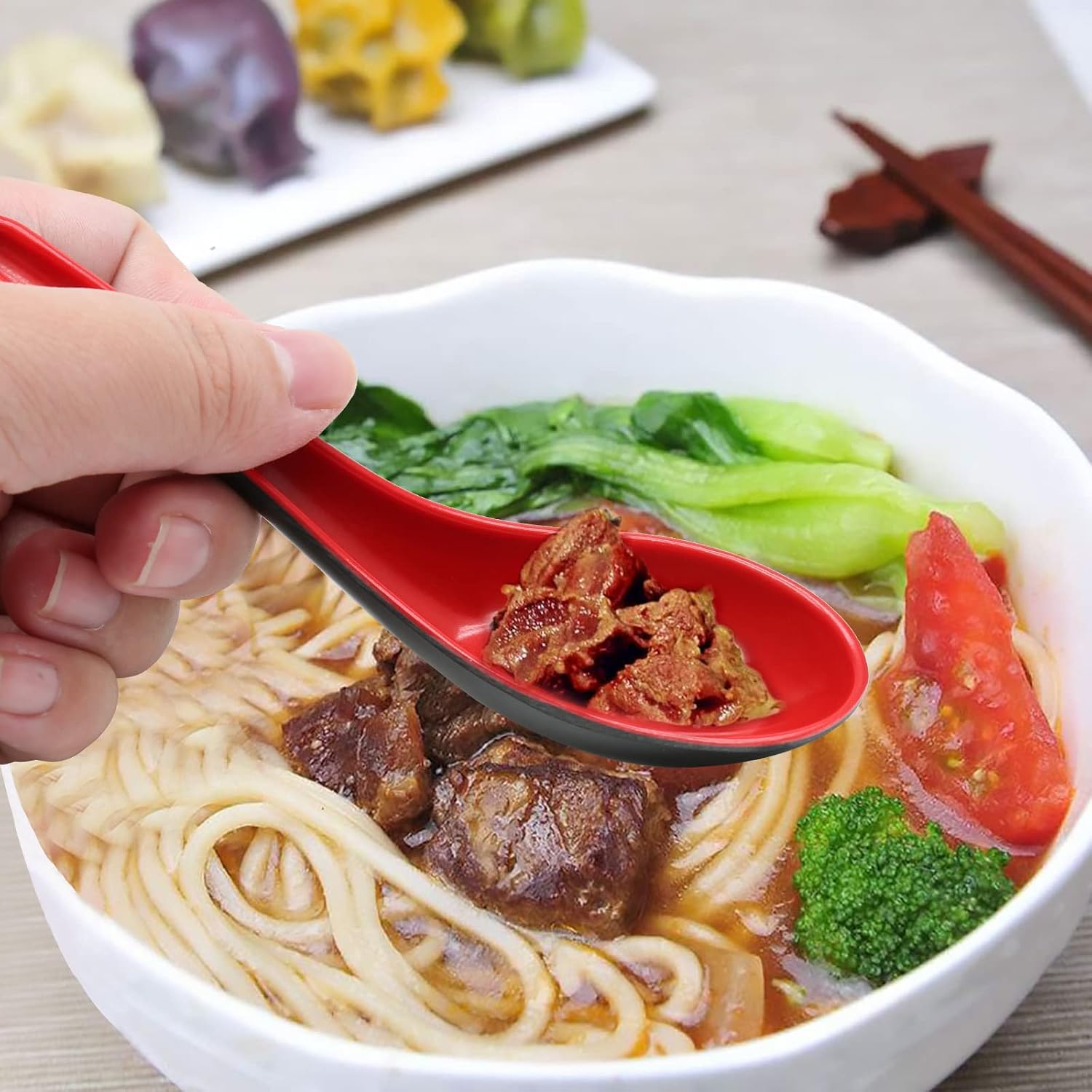 2PCS Asian Soup Spoons  Chinese Japanese Miso Ramen Wonton Dumpling Pho Rice Noodle Soba Soup Spoons  Red and Black Melamine Spoons