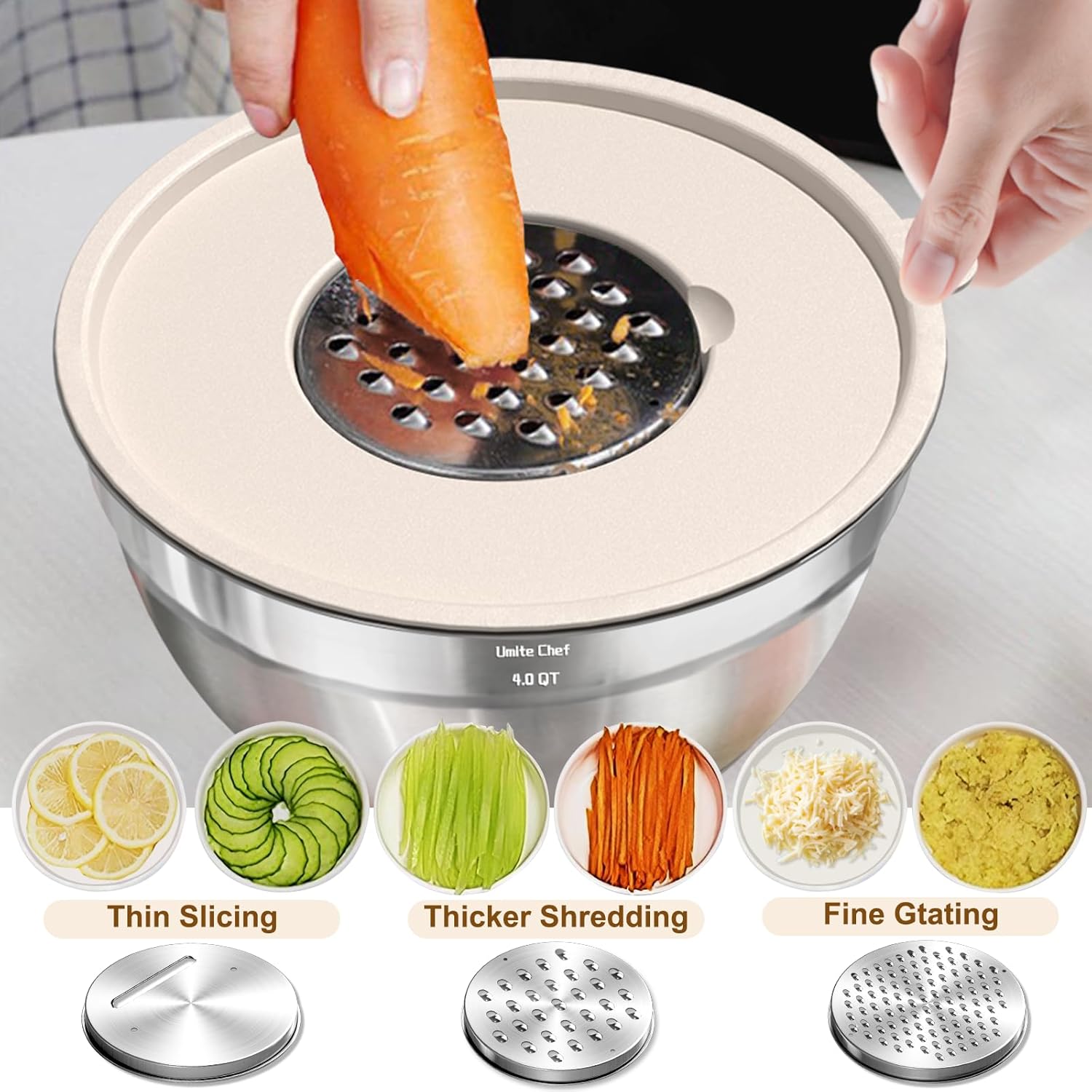 Umite Chef Mixing Bowls with Airtight Lids Set  8PCS Stainless Steel Khaki Nesting Bowls with Grater Attachments  Kitchen Bowls with Non-Slip Bottoms  Size 5  4  3.5  2  1.5QT for Mixing & Serving