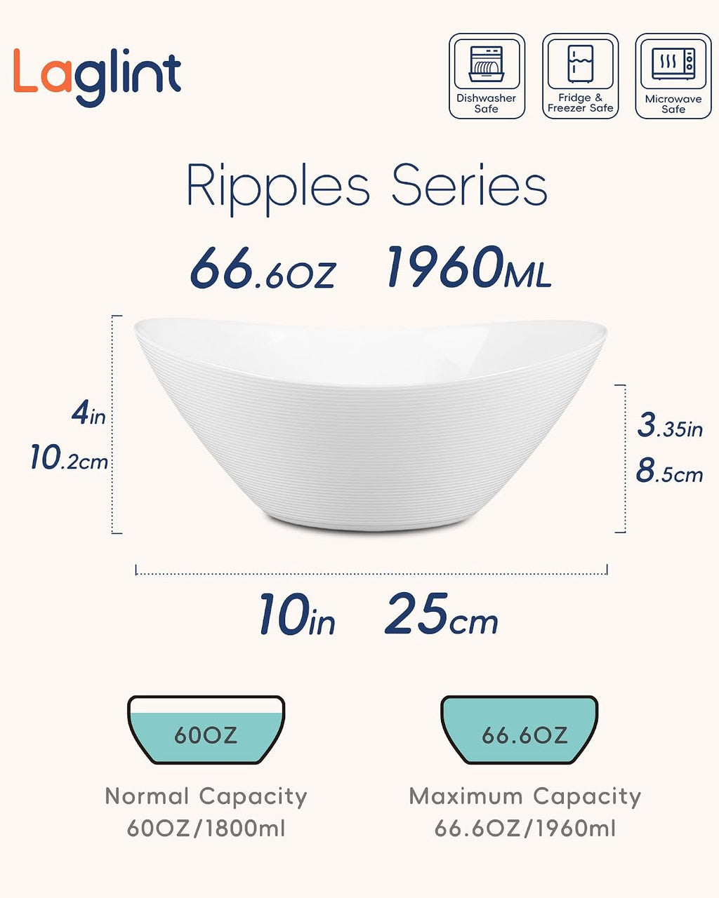 66 OZ Salad Bowl Set of 2  Opal Glass 10 inch Lightweight Serving Dishes for Salad  Fruit  Kitchen Microwave & Dishwasher Safe  Oval Shape White