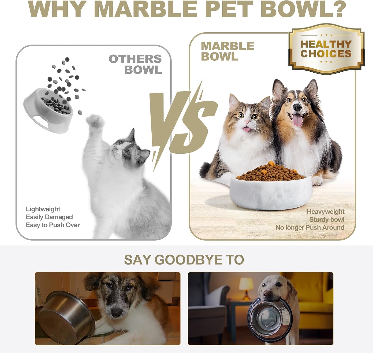 White Marble Dog Bowls  Non-Slip Dog Food Water Bowl Small  Heavy Duty Pet Bowl for Cats and Medium Dogs  Weighted African Natural Marble  Holds 4 Cups(5lbs)