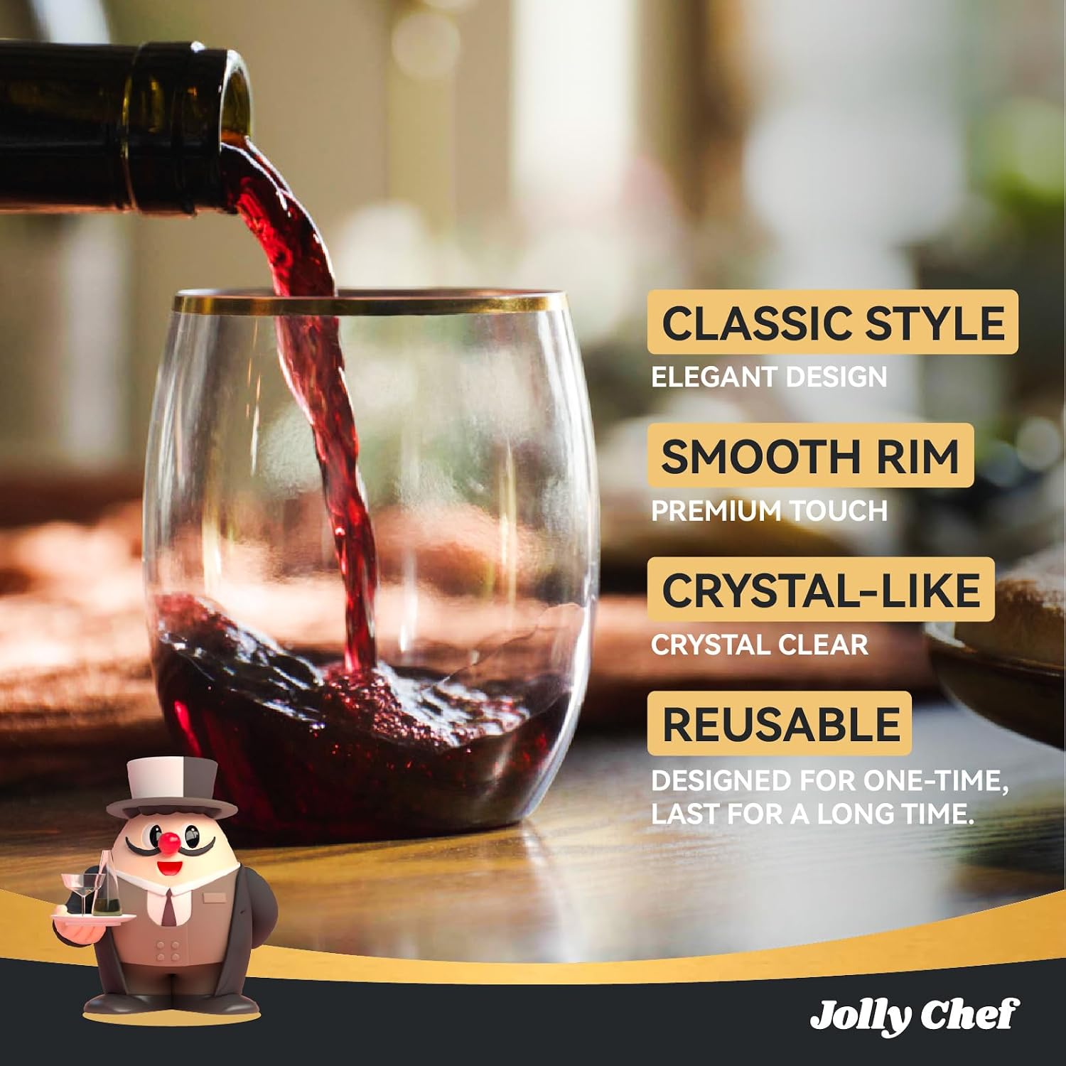 JOLLY CHEF 12 oz 40 Pack Gold Plastic Wine Glasses Stemless  Shatterproof  Unbreakable  Crystal  Disposable Plastic Wine Cups for Party  Halloween  Christmas  Thanksgiving