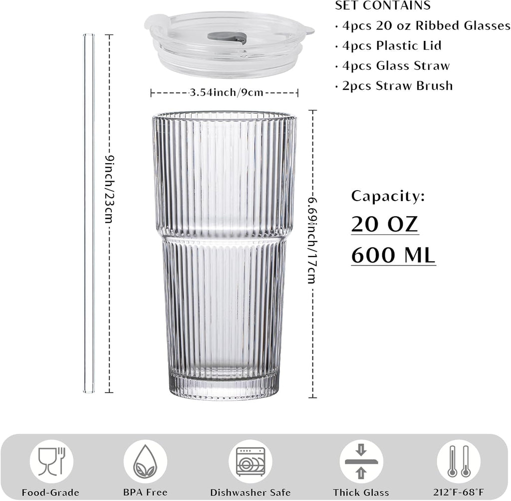 INSETLAN 20 oz Ribbed Glass Tumblers with Lids and Glass Straws – 4-Piece Glassware Set  Thickened Wall  Ideal for Iced Coffee  Smoothies  Cocktails  and Juices – Elegant and Durable Drinkware