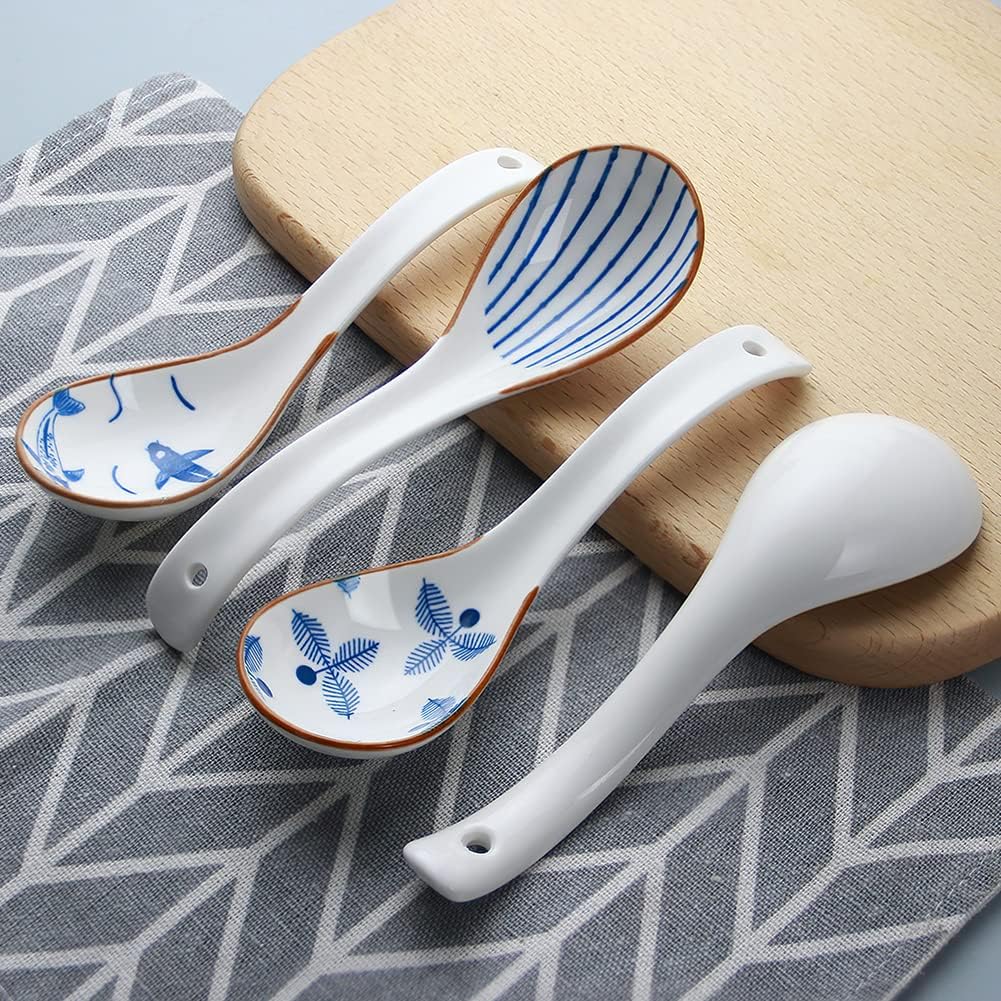 IQCWOOD Ceramic Asian Soup Spoons  Blue and White Japanese Spoon for Soup Rice Ramen Pho Wonton Dumpling Miso  Deep Oval Hook Design  Gifts for Friends Parents Family