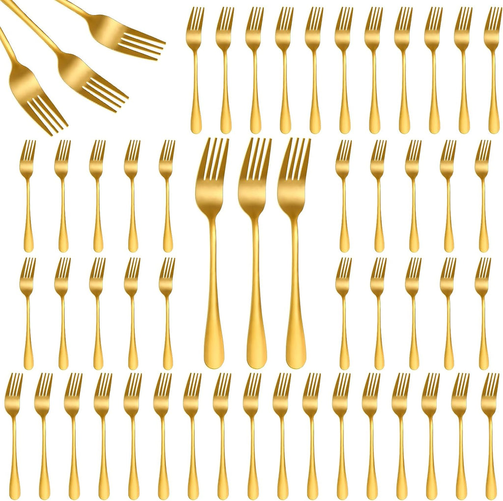 50Pcs Gold Stainless Steel Dinner Forks 8 Inch  Cutlery Forks  Metal Forks for Home  Restaurant  Kitchen  Dishwasher Safe Suitable for Salad  Dessert  Beef Steak  Spaghetti  Mirror Polished