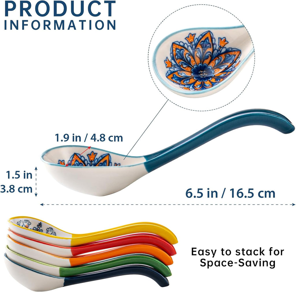 Asian Soup Spoon Set of 6 – Boho Ceramic Ramen Spoon with Long Handle  Deep Soup Spoons for Japanese Ramen  Pho  Dumplings  Miso  Wonton – Dishwasher Safe