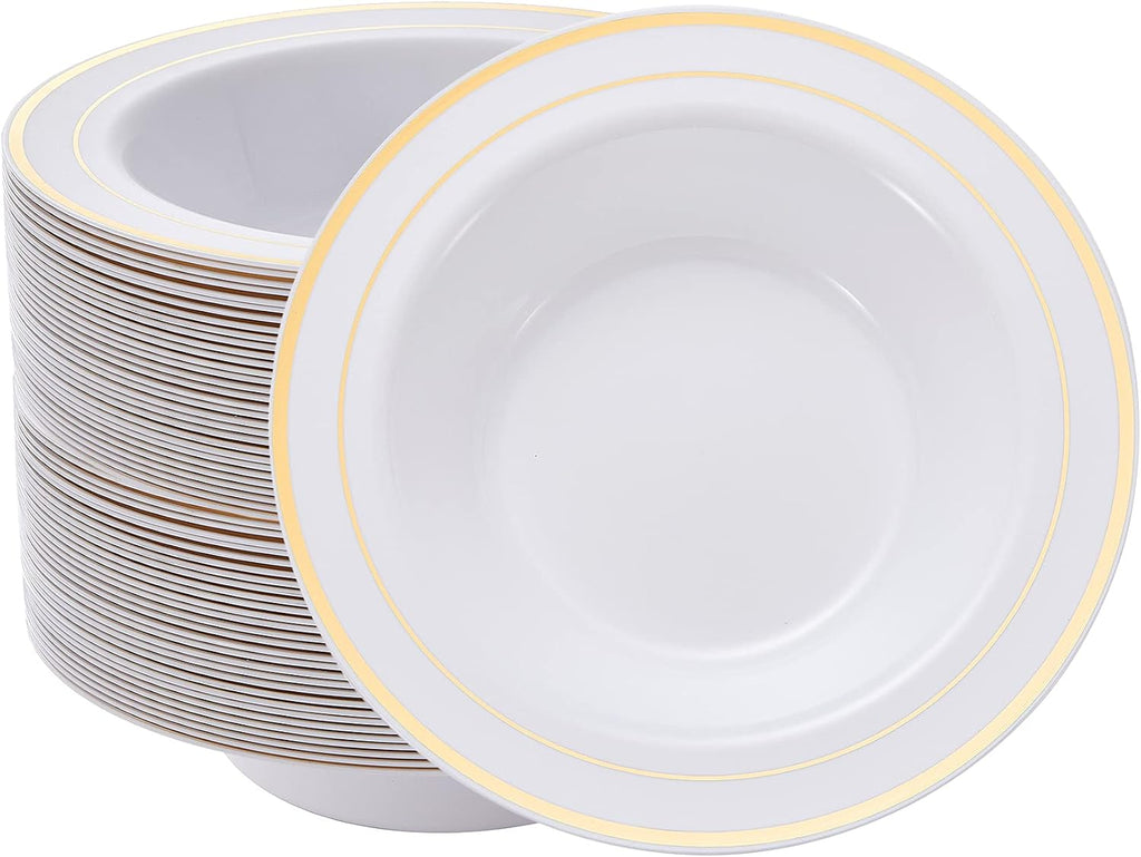 N9R 60PCS Disposable Plastic Bowls with Gold Rim  12 oz Fancy White Plastic Bowls  Premium Dessert Salad Bowls Perfect for Party  Wedding and Everyday Use