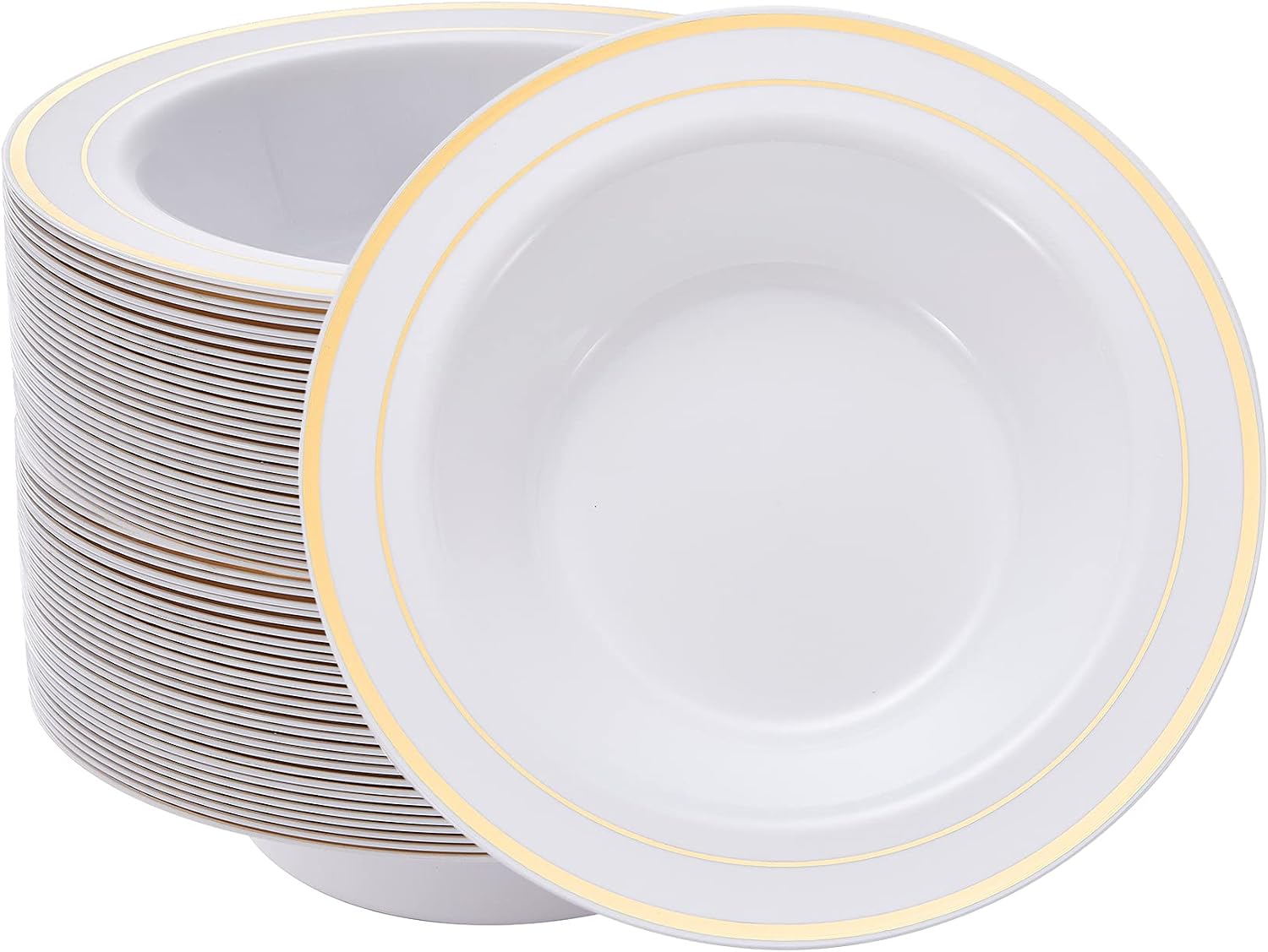 N9R 60PCS Disposable Plastic Bowls with Gold Rim  12 oz Fancy White Plastic Bowls  Premium Dessert Salad Bowls Perfect for Party  Wedding and Everyday Use