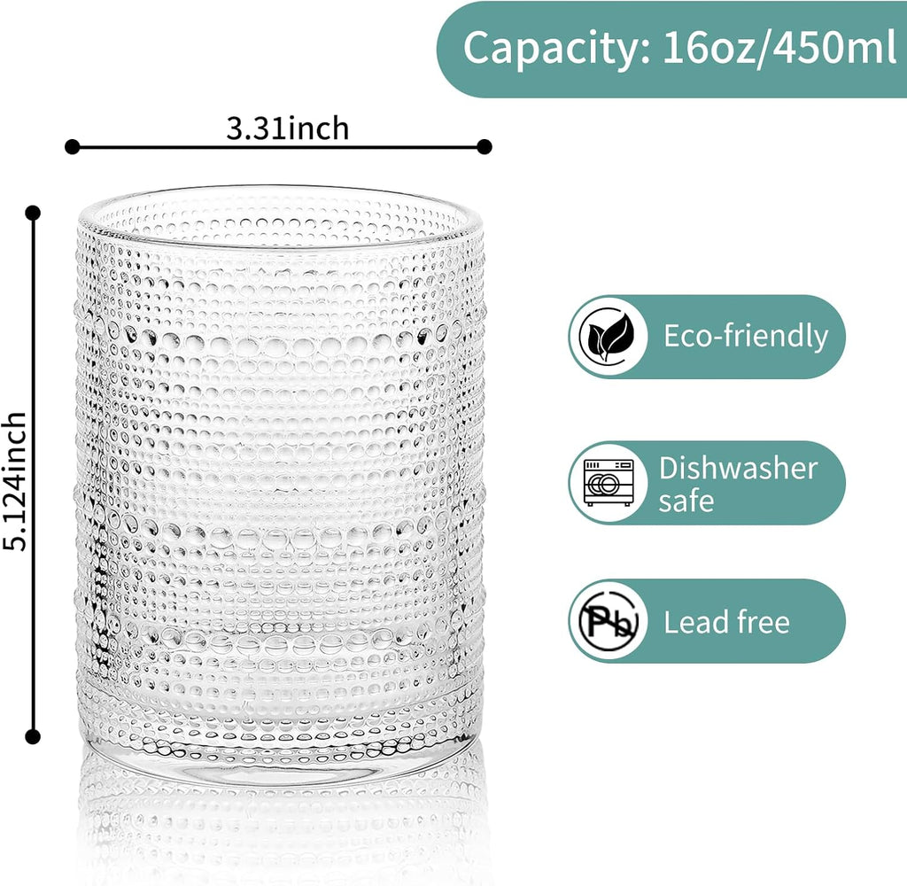 Hobnail Drinking Glasses Set of 6  16 Oz Vintage Embossed Glass Cup Kitchen Glassware Water Tumblers for Cocktails  Beer  Juice  Whiskey