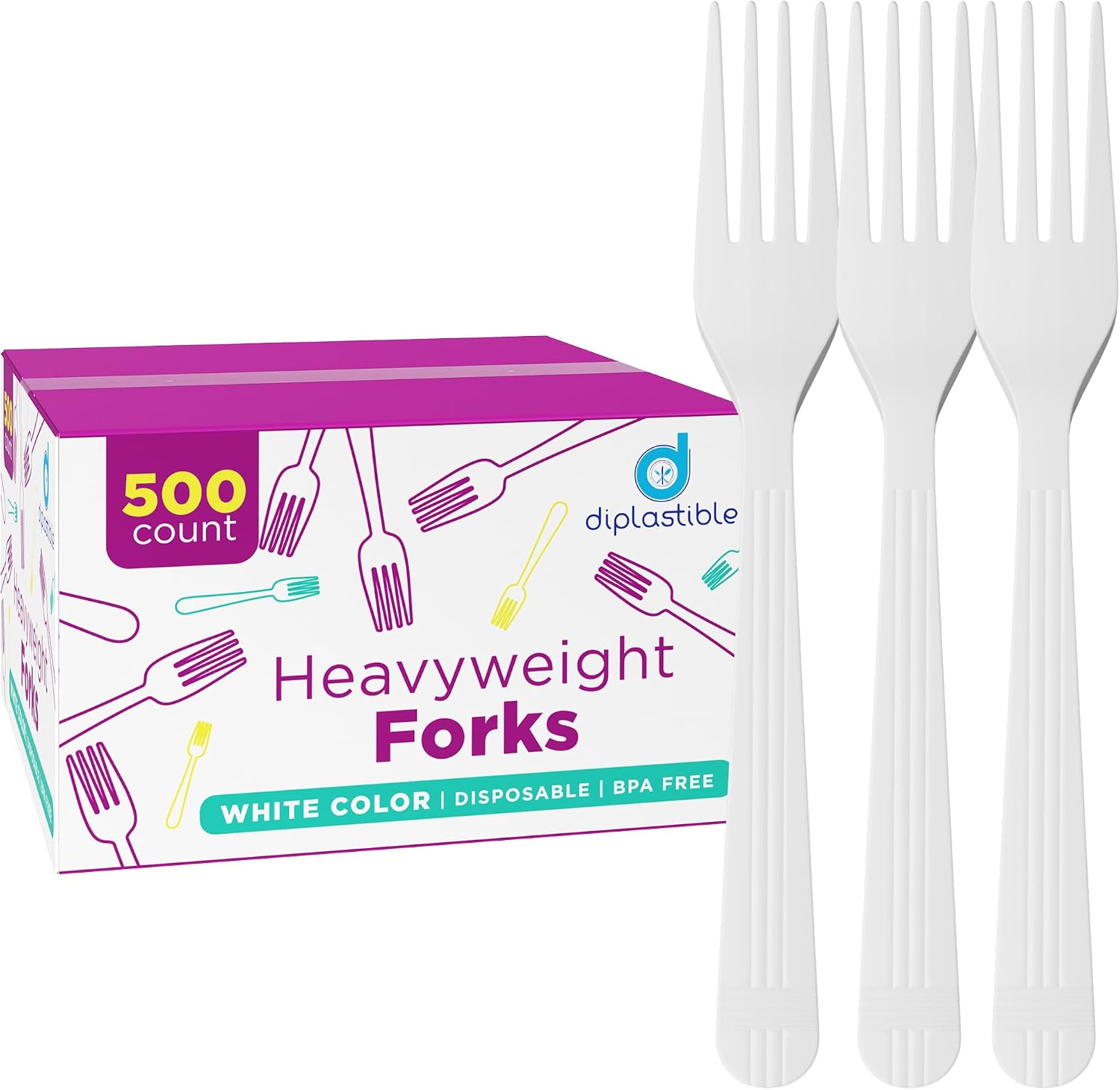 500 Count – Heavyweight Disposable White Plastic Forks | Big Party Pack Forks | Plastic Salad Forks |Great for Celebrations  Parties  Travels  Events  and Everyday Use