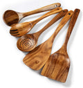 Wood Kitchen Utensils Set  5 PCs Natural Acacia Wooden Spoons For Cooking for Non-stick Skillet  Utensil set For Cooking With Soup Ladle and Wok Spatulas  Salad fork  Spurtles for Cooking