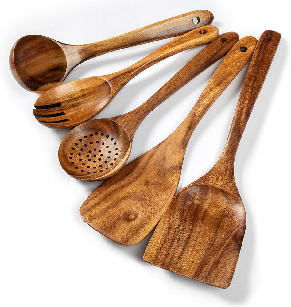 Wood Kitchen Utensils Set  5 PCs Natural Acacia Wooden Spoons For Cooking for Non-stick Skillet  Utensil set For Cooking With Soup Ladle and Wok Spatulas  Salad fork  Spurtles for Cooking