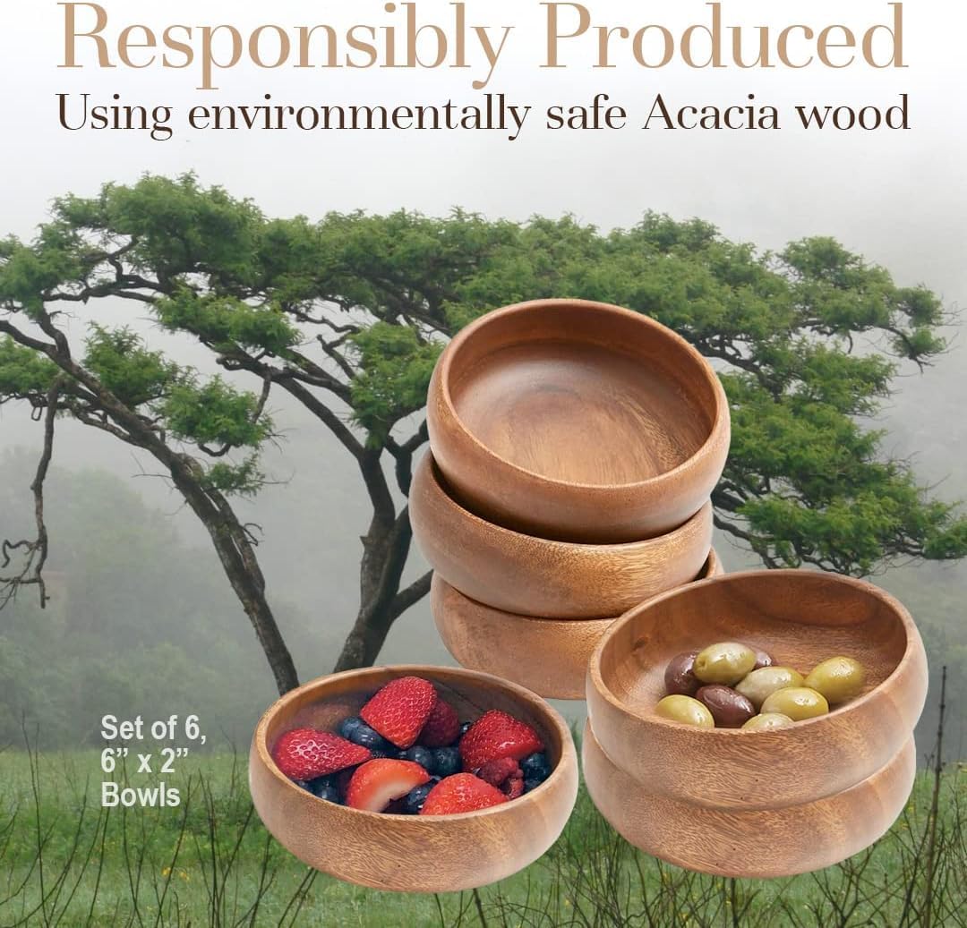 Woodard & Charles Acacia Wood Snack Serving Bowl  6" x 2" (Set of 6)