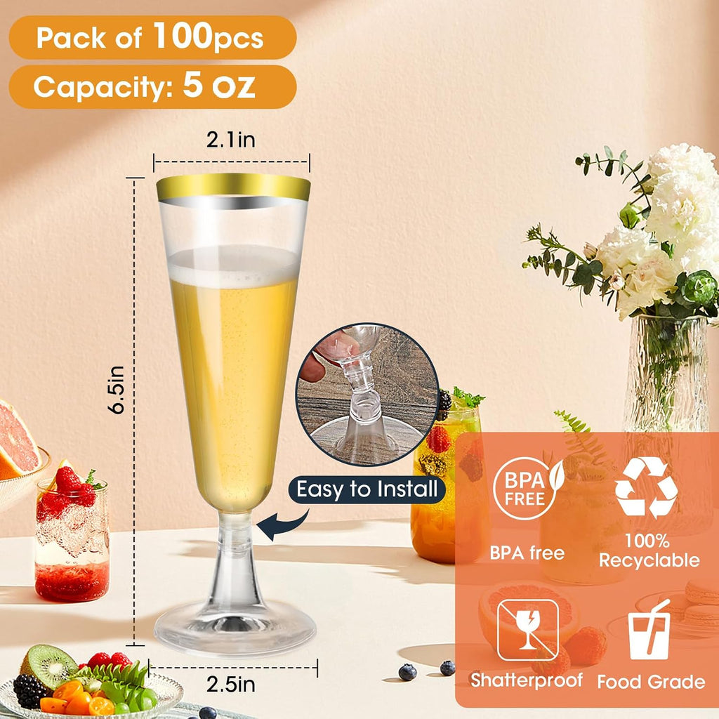 SUREHOME Champagne Flutes Plastic Champagne Glasses Disposable 100 Pack 5 Oz Gold Rim Mimosa Glasses Acrylic Wedding Toasting Cocktail Cups for New Years Eve Party Supplies 2026 New Years Decorations