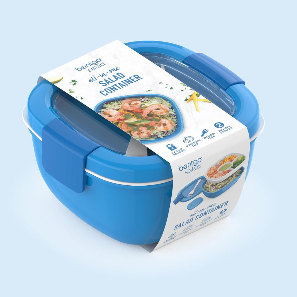 Bentgo Salad Container - 54 oz Bowl with 4-Compartment Toppings Tray  Leak-Proof Dressing Container  Reusable Fork  BPA-Free Lunch Box for Meal Prep & Food Storage; Removable Bento Tray (Blue)