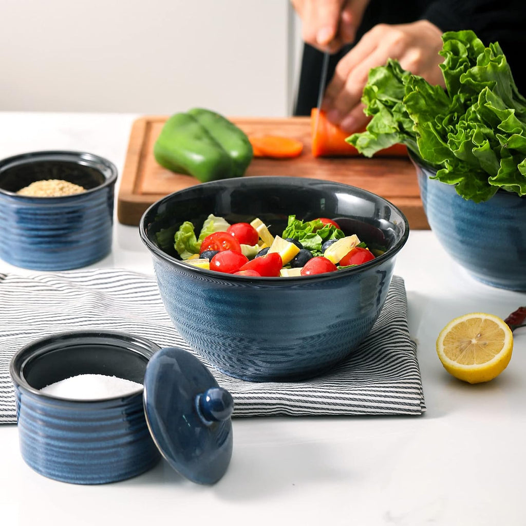 Hasense Ceramic Soup Bowls Set of 4  40 Ounce Large Cereal Bowls for Kitchen  7 Inch Serving Bowls for Salad Pasta Ramen Pho Popcorn  Dishwasher Microwave Safe  Navy Blue