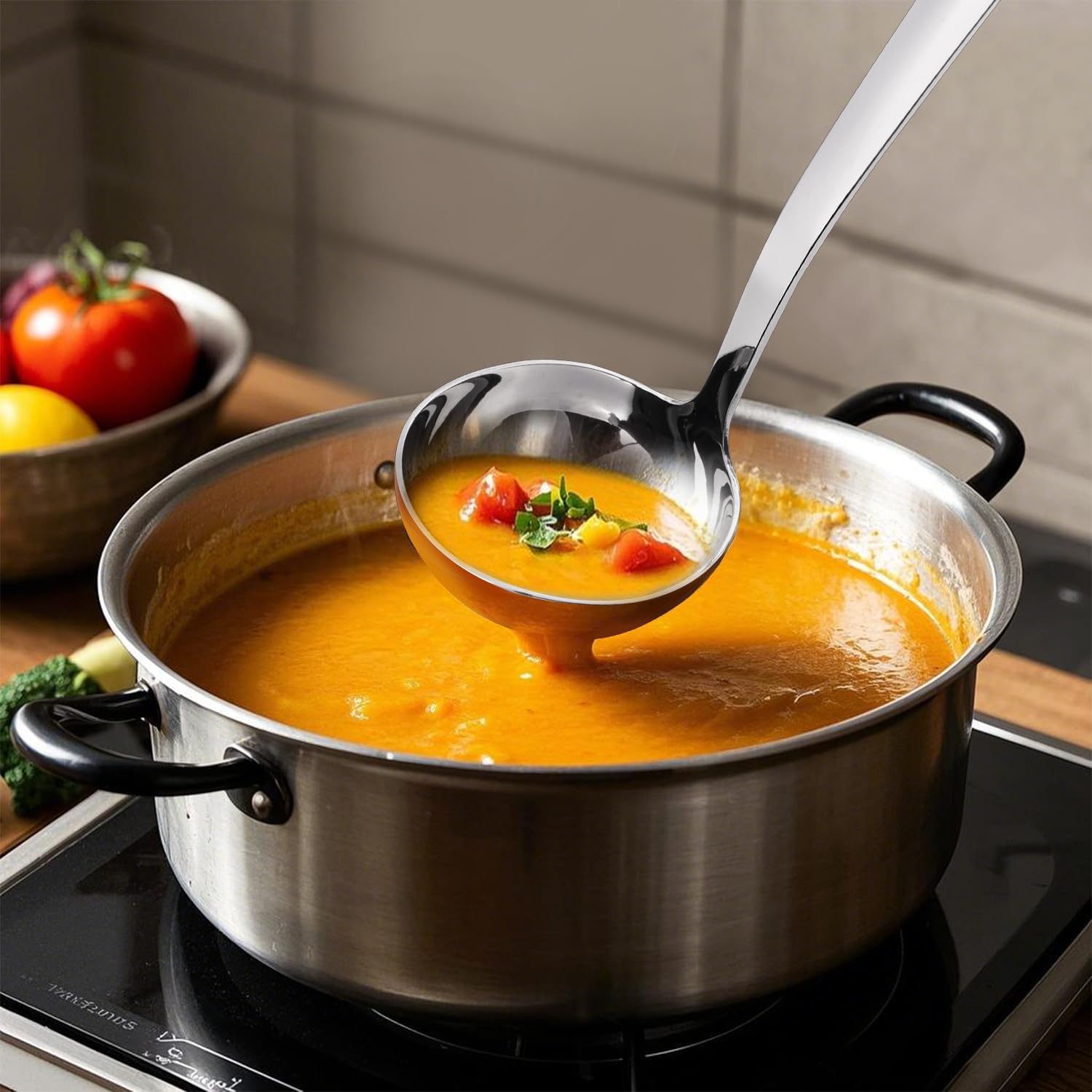Kitchen Stainless Steel 11.2 Inches Round Soup Ladle Ergonomic Handle  Perfect For Stirring  Serving Soups  And More - Heavy-Duty Metal Ladle Chef Craft Select Serving Ladle