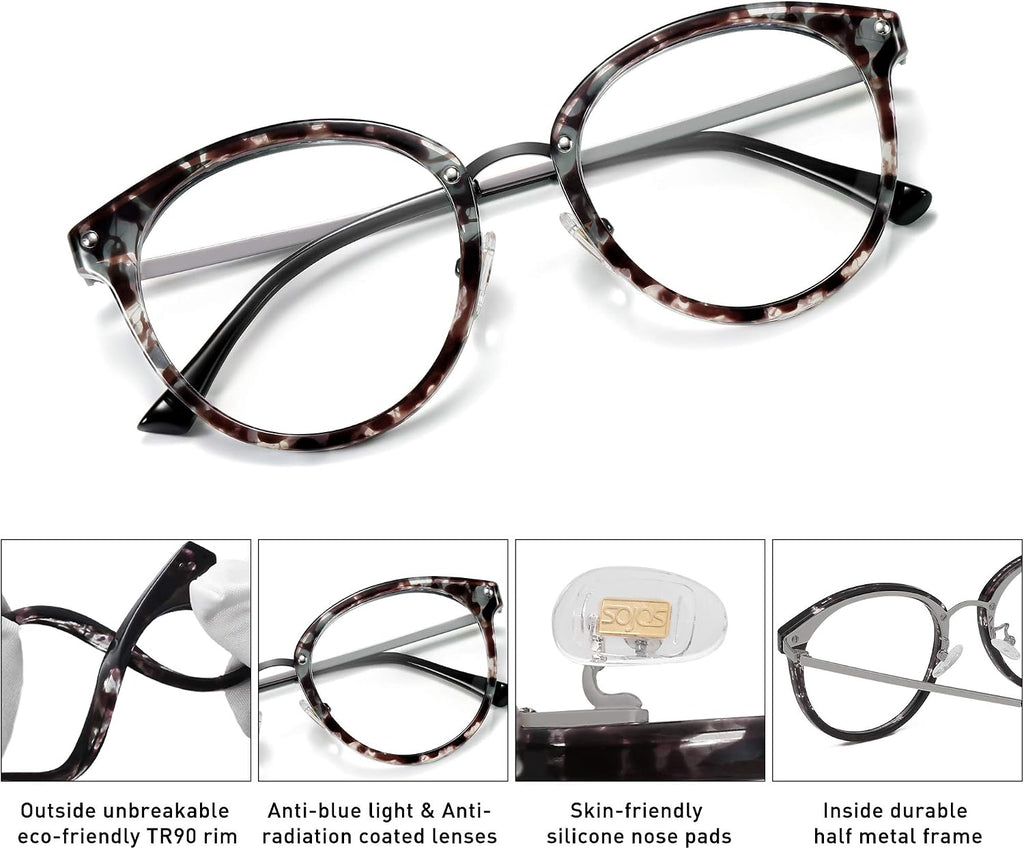 SOJOS Retro Round TR90 Blue Light Reading Glasses Womens Mens Readers Computer Glasses Eyewear Frame SJ9001