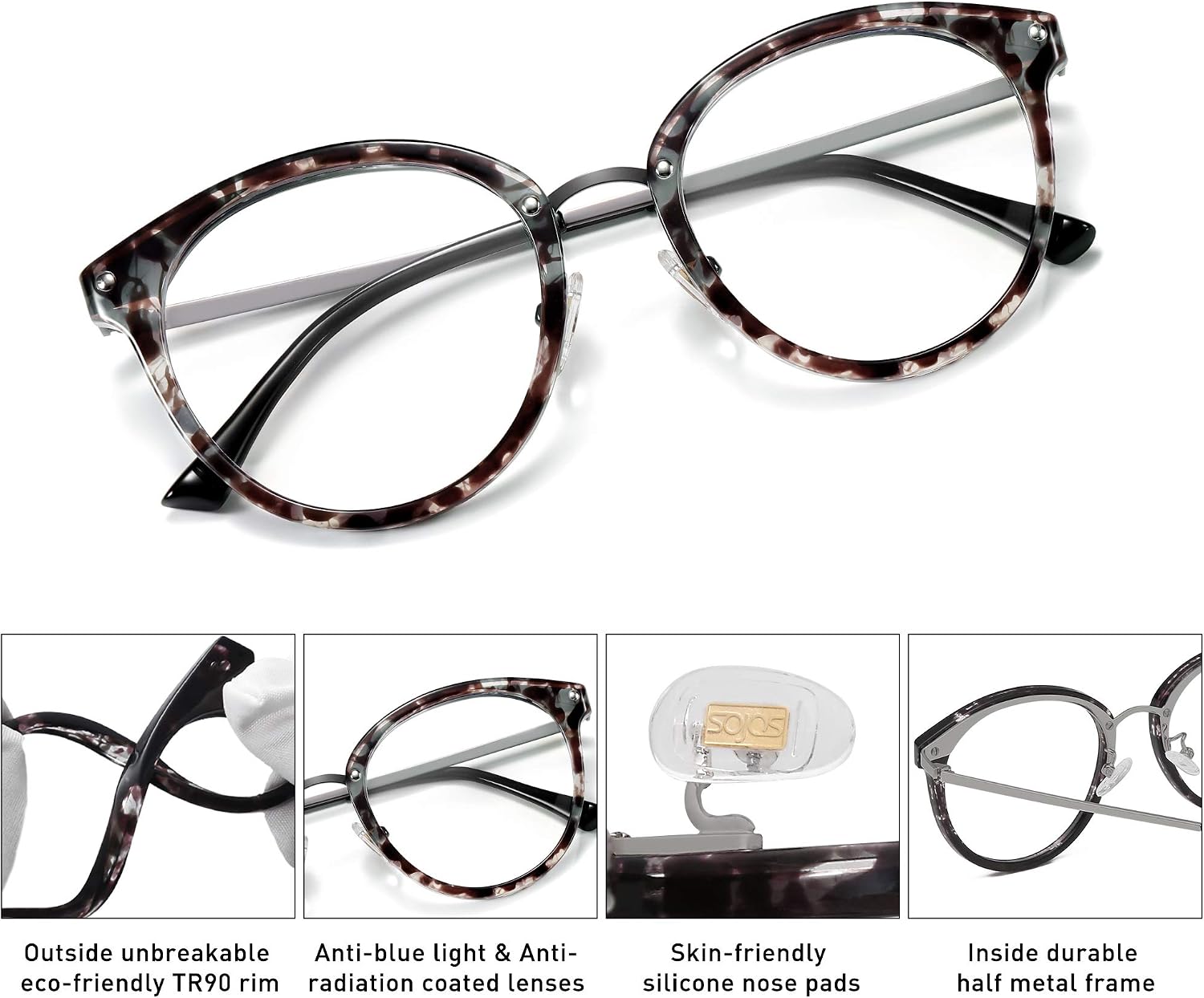 SOJOS Retro Round TR90 Blue Light Reading Glasses Womens Mens Readers Computer Glasses Eyewear Frame SJ9001