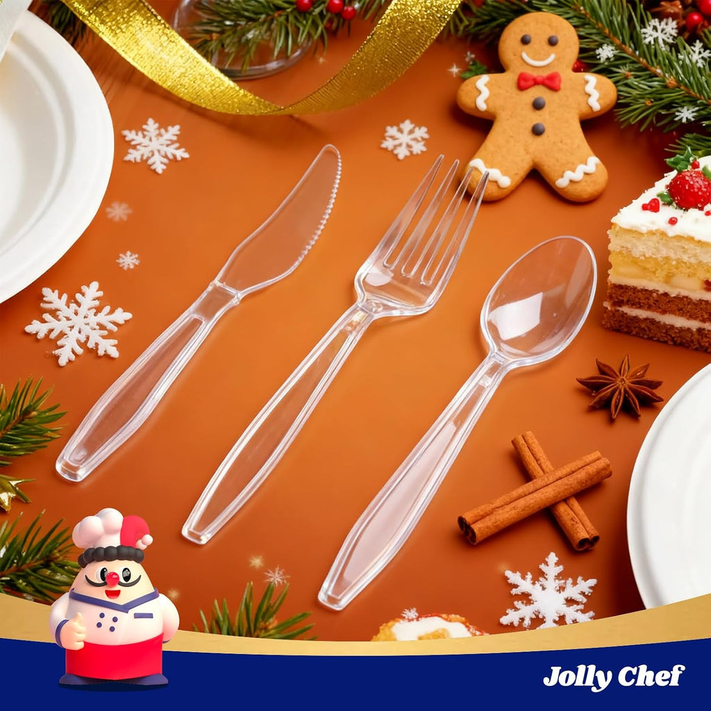 JOLLY CHEF 360 Count Clear Plastic Silverware Heavy Duty-180 Forks  120 Spoons  60 Knives  Heat Resistant Plastic Cutlery  Disposable Utensils Set for Parties  Events  Everyday Use
