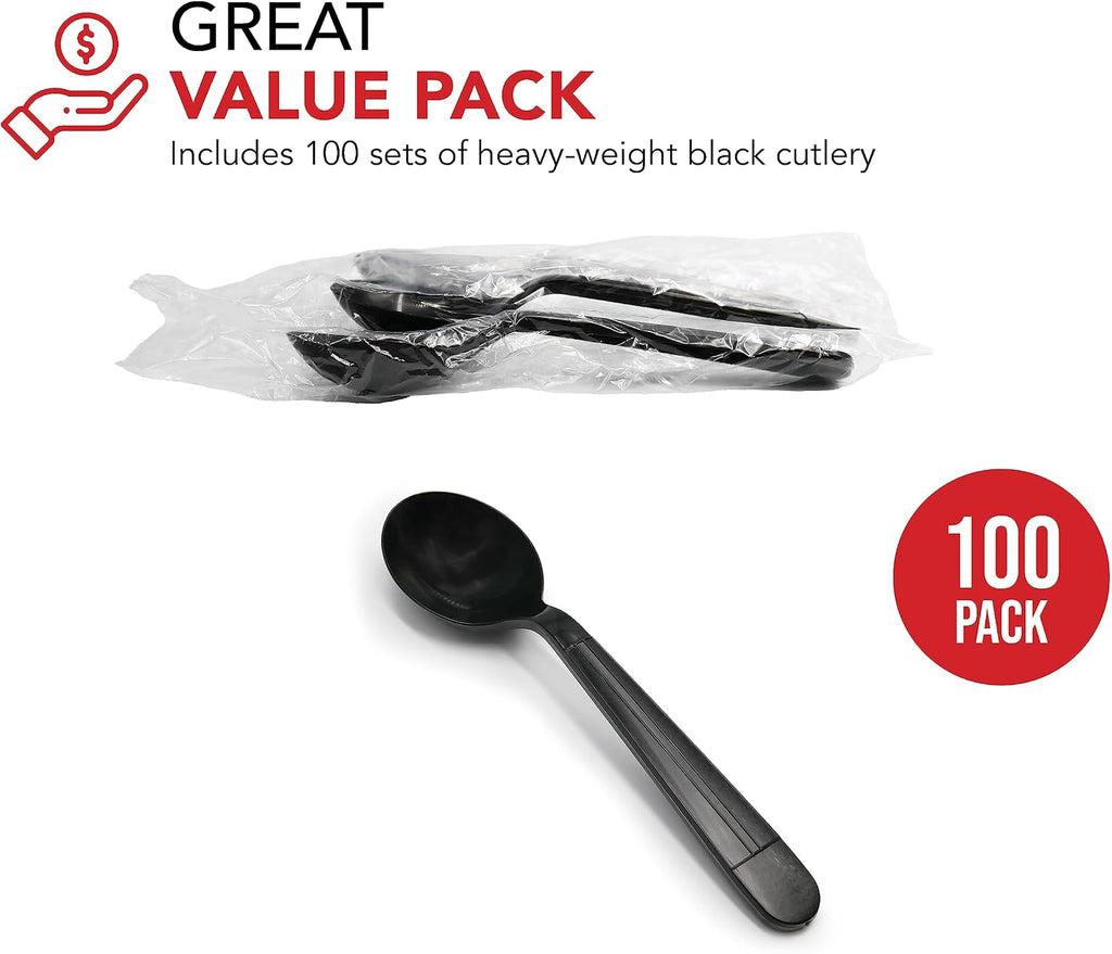 Party Essentials Individually Wrapped Black Plastic Utensil Sets/Heavy Duty Flatware Packs  Soup Spoon  100 Sets